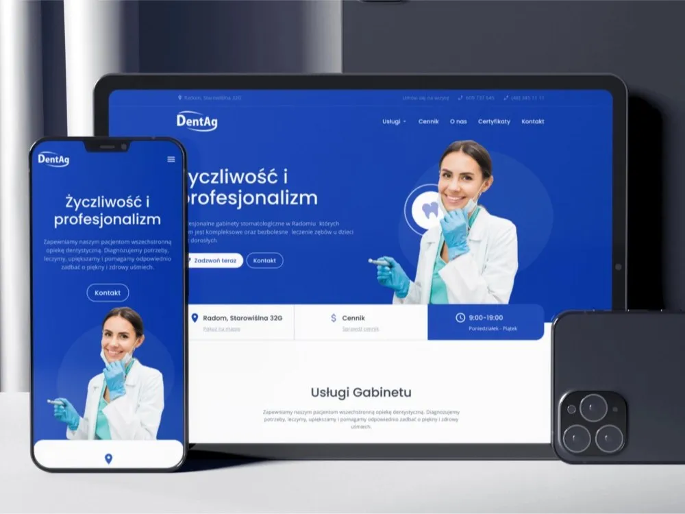 DentAg - telefon i tablet z otwartą stroną gabinetu stomatologicznego: hero „Życzliwość i profesjonalizm" ze zdjęciem stomatolożki, na niebieskim tle.