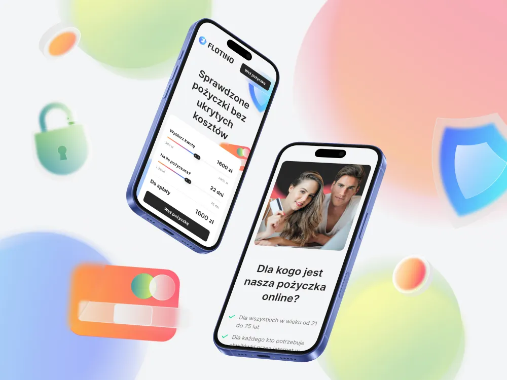 Flotino - kalkulator pożyczki i ekran „Dla kogo jest nasza pożyczka online?" na makietach telefonu, na tle rozmytych barwnych plam.