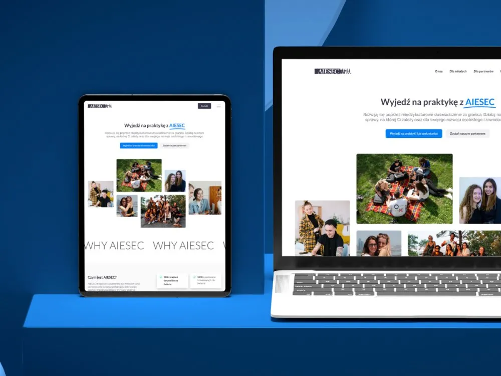 AIESEC - tablet i laptop z otwartą stroną główną: hero „Wyjedź na praktykę z AIESEC", mozaika zdjęć uczestników i przyciski „Wyjedź na praktykę lub wolontariat" oraz „Zostań naszym partnerem".
