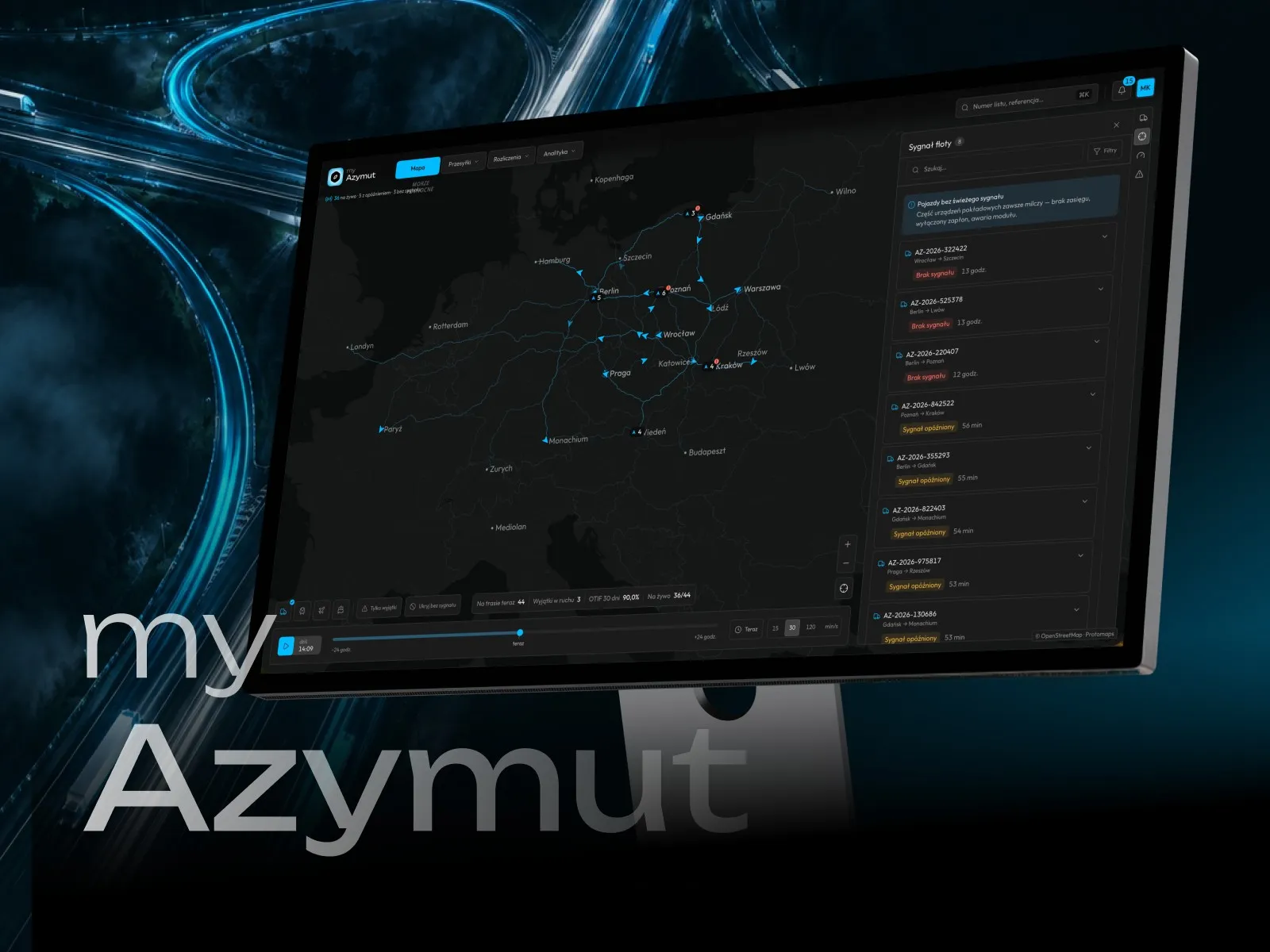 myAzymut - monitor z mapą Europy i trasami przesyłek między miastami, panel „Sygnał floty" z listą pojazdów bez sygnału i z opóźnionym sygnałem oraz oś czasu na dole; w tle nocny węzeł autostradowy i duży napis myAzymut.