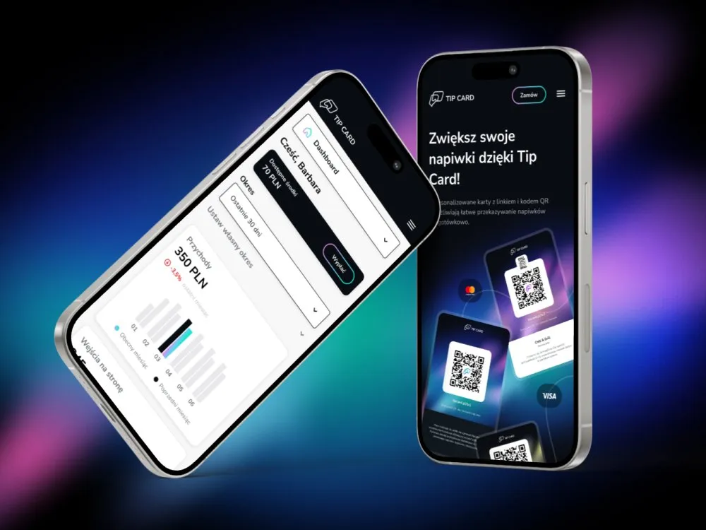 Tip Card - dwa telefony: panel klienta („Cześć Barbara", przychody 350 PLN, wypłata) oraz landing „Zwiększ swoje napiwki dzięki Tip Card!" ze spersonalizowanymi kartami QR, na kolorowym gradientowym tle.