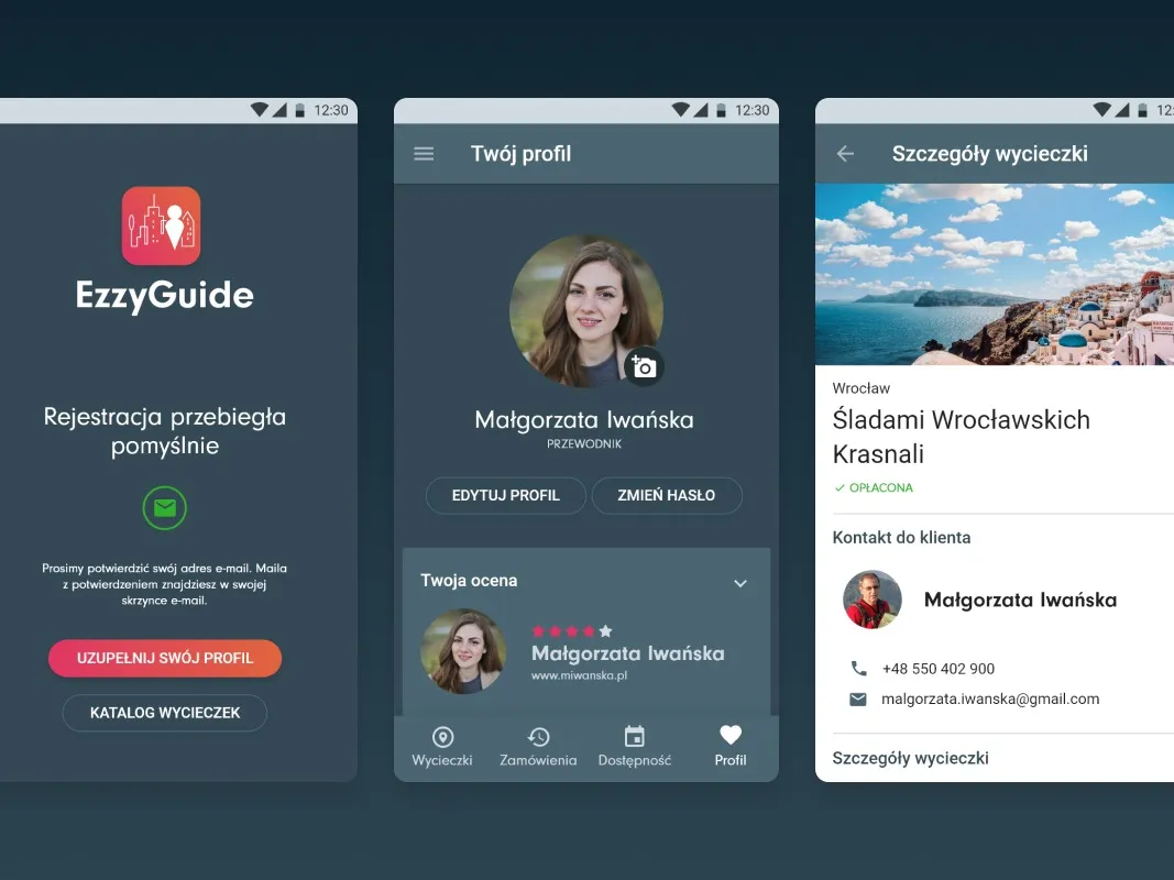 EzzyGuide - trzy telefony na ciemnym tle: potwierdzenie rejestracji, profil przewodniczki Małgorzaty Iwańskiej z oceną gwiazdkową i szczegóły wycieczki „Śladami Wrocławskich Krasnali" z ceną i danymi kontaktowymi.