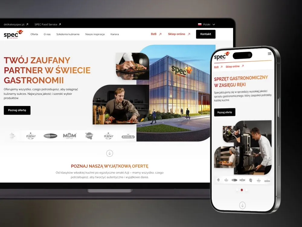 SPEC Food Service - monitor i telefon z otwartym serwisem: hero „Twój zaufany partner w świecie gastronomii" ze zdjęciami z kuchni i renderem budynku firmy, na jasnym tle.