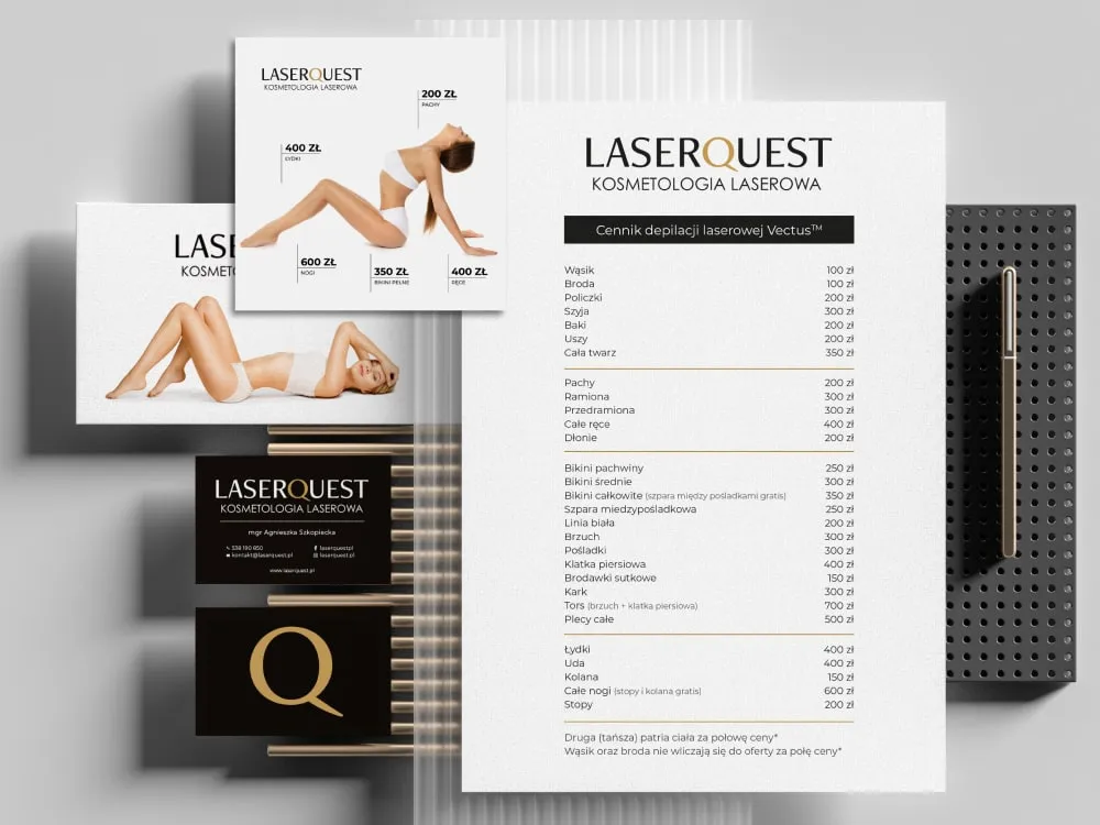 LaserQuest - flat-lay identyfikacji gabinetu kosmetologii laserowej: cennik depilacji laserowej Vectus™, ulotka ofertowa, czarna wizytówka i złoty monogram „Q".