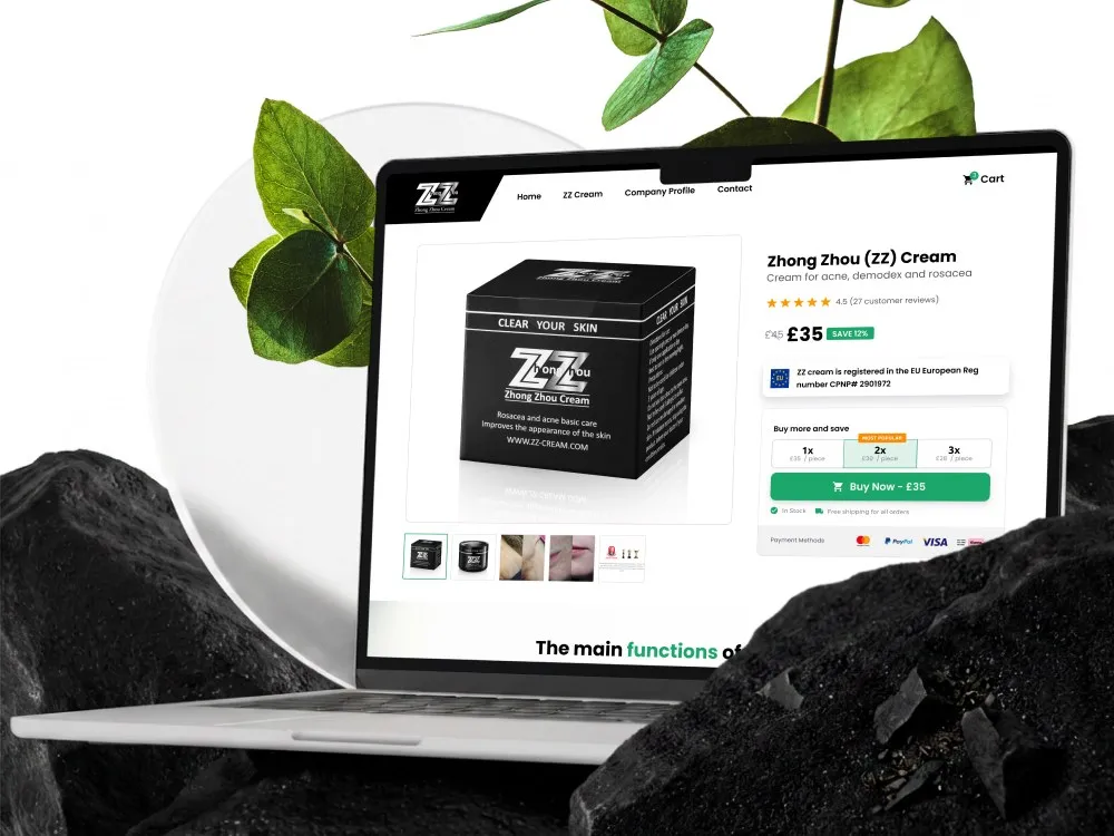 ZhongZhou - krem ZZ na makiecie laptopa na tle liści eukaliptusa i czarnych kamieni: karta produktu „Zhong Zhou (ZZ) Cream" z ceną 35 GBP i przyciskiem „Buy Now".