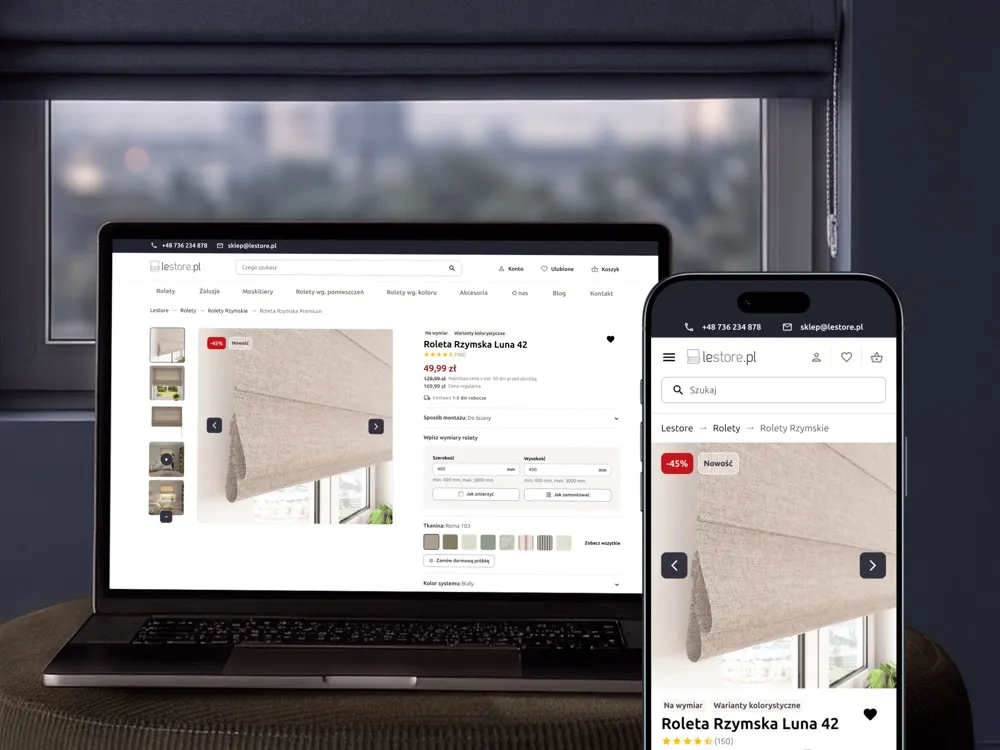 Lestore - sklep internetowy na makietach laptopa i telefonu: karta produktu „Roleta Rzymska Luna 42" z galerią zdjęć i ceną 49,99 zł.