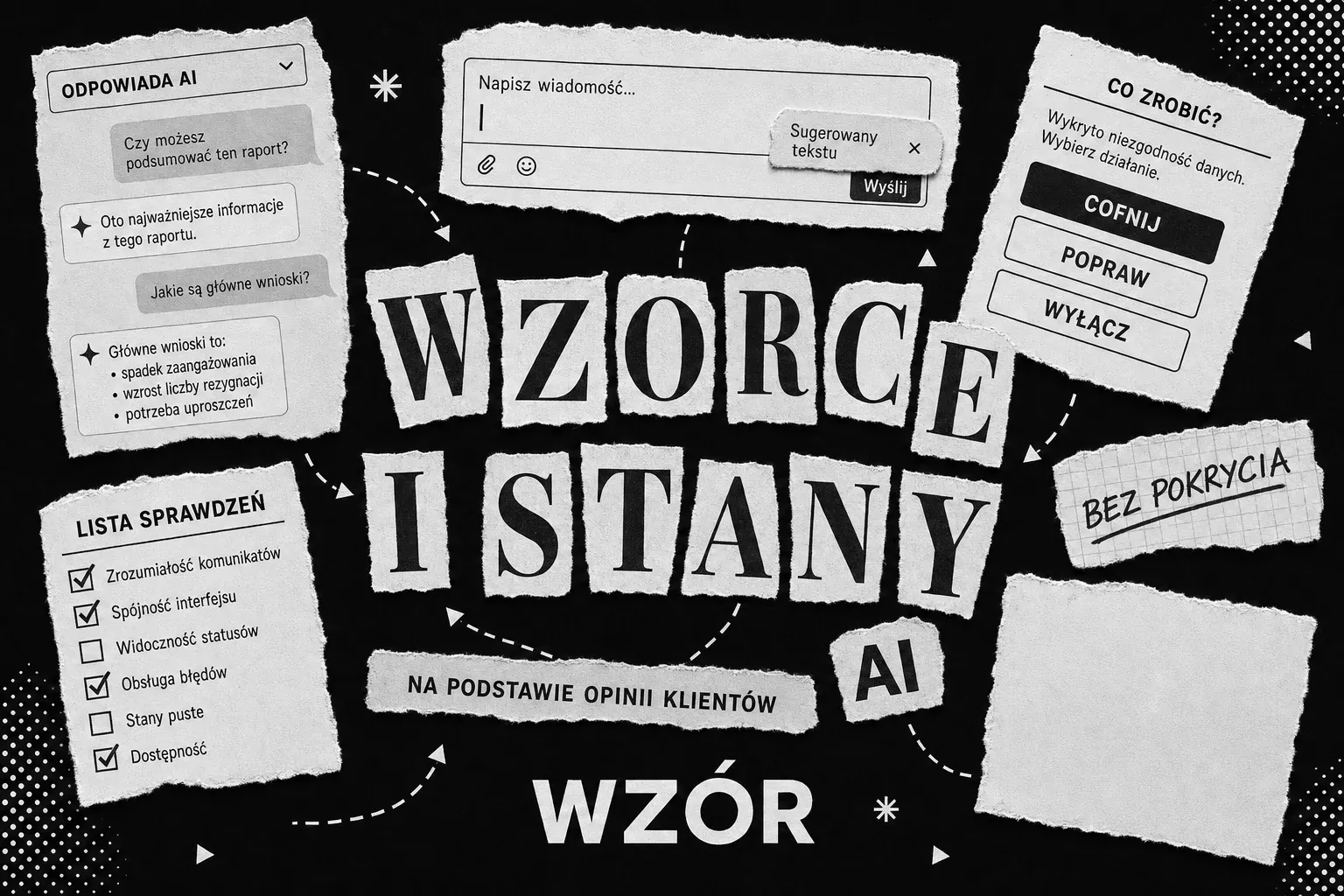 Interfejs AI - kolaż z wydrukami czatu, wireframe'ami i checklistą wzorców