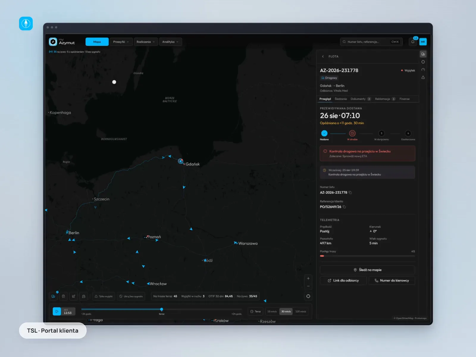 Pętla z prototypu portalu klienta myAzymut: mapa przesyłek, filtry i podgląd zlecenia.