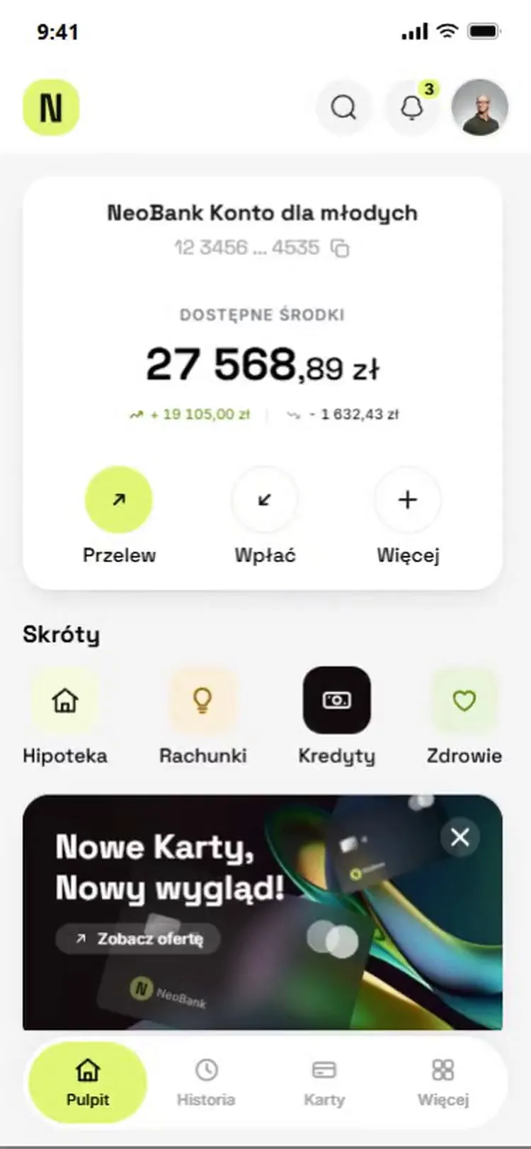 Prototyp mobilnej aplikacji bankowej NeoBank - podgląd ekranu