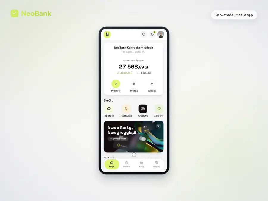 Pętla z prototypu aplikacji bankowej NeoBank: pulpit z saldem, lista transakcji i przelew.