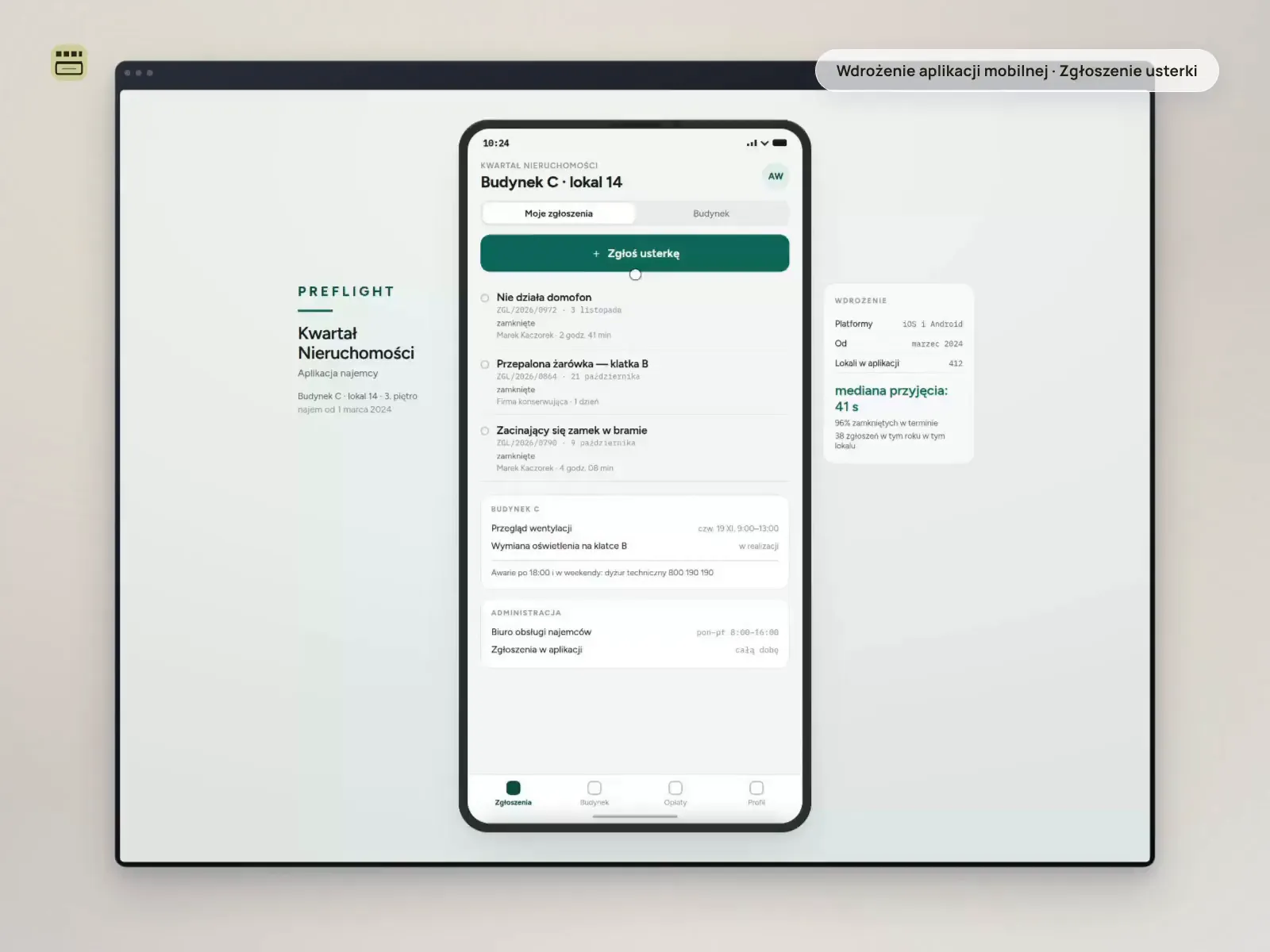Pętla z Preflightu, aplikacji najemcy zarządcy nieruchomości. Telefon stoi w neutralnej ramce urządzenia na jasnym, chłodnym tle: po lewej blok „PREFLIGHT · Kwartał Nieruchomości · Aplikacja najemcy · Budynek C, lokal 14, 3. piętro · najem od 1 marca 2024", po prawej karta wdrożenia - platformy iOS i Android, od marca 2024, 412 lokali w aplikacji, mediana przyjęcia 41 s, 96% zamkniętych w terminie. Na ekranie: pasek stanu z godziną 10:24, nagłówek „Budynek C · lokal 14" z inicjałami najemczyni, przełącznik „Moje zgłoszenia / Budynek", zielony przycisk „Zgłoś usterkę", trzy zamknięte zgłoszenia z numerami ZGL i czasem realizacji, pasek budynku z przeglądem wentylacji i dyżurem technicznym, karta administracji i pasek zakładek. Kursor naciska „Zgłoś usterkę" i od dołu wjeżdża arkusz nad przygaszonym ekranem: lokalizacja „Budynek C · lokal 14 · 3. piętro" z notą „z umowy najmu - nie trzeba wpisywać", wiersz „Zakres: Lokal najemcy", sześć kategorii z wybraną „Instalacja grzewcza", opis usterki z licznikiem 83/240 i miniatura zdjęcia cieknącego grzejnika z podpisem „Załączone · zdjęcie zrobione o 10:23". Po naciśnięciu „Wyślij zgłoszenie" arkusz schodzi, na liście staje pierwszy wiersz „Cieknie zawór grzejnika · ZGL/2026/1148 · dziś, 10:24", kursor wraca na środek ekranu, a chwilę później u góry wjeżdża powiadomienie systemowe „PREFLIGHT · teraz · Zgłoszenie przyjęte · Technik Marek Kaczorek, dziś 14:30–16:00". Przy nowym wierszu stoi znacznik 00:12 z podpisem „od zdjęcia do przypisanego technika" i status „przyjęte · technik przypisany".
