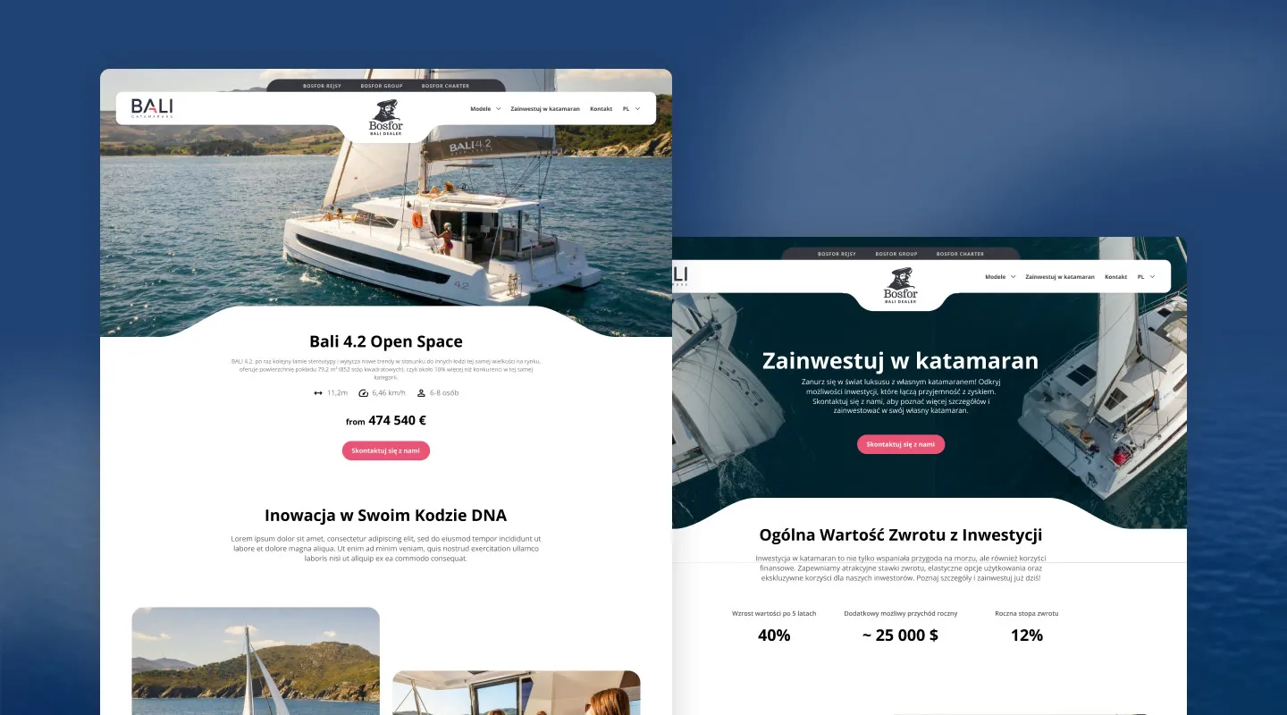 Bosfor BALI Dealer - karta modelu katamarana z układem kabin.