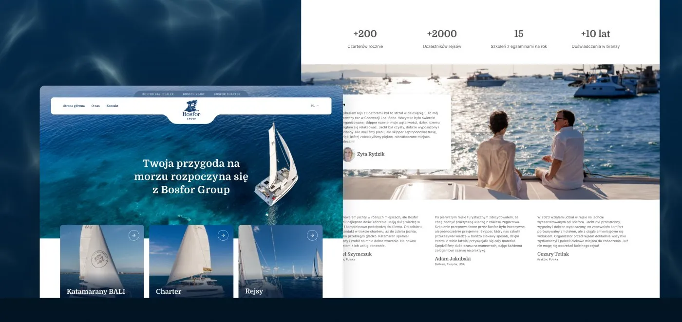 Bosfor Group - makiety strony na monitorze i telefonie: hero „Twoja przygoda na morzu rozpoczyna się z Bosfor Group" ze zdjęciem katamaranu na morzu.