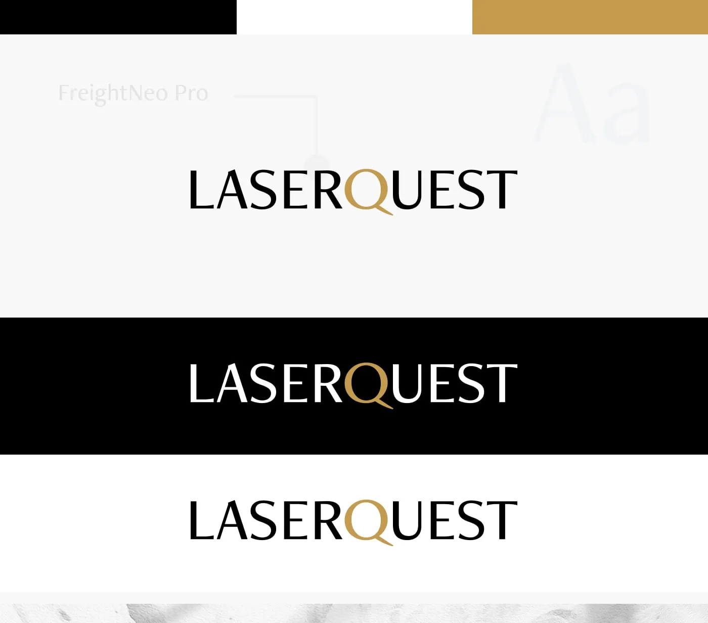 LaserQuest - paleta (biel, czerń, złoto), typografia FreightNeo Pro („Aa") oraz logotyp „LASERQUEST" ze złotym „Q" na bieli i czerni.