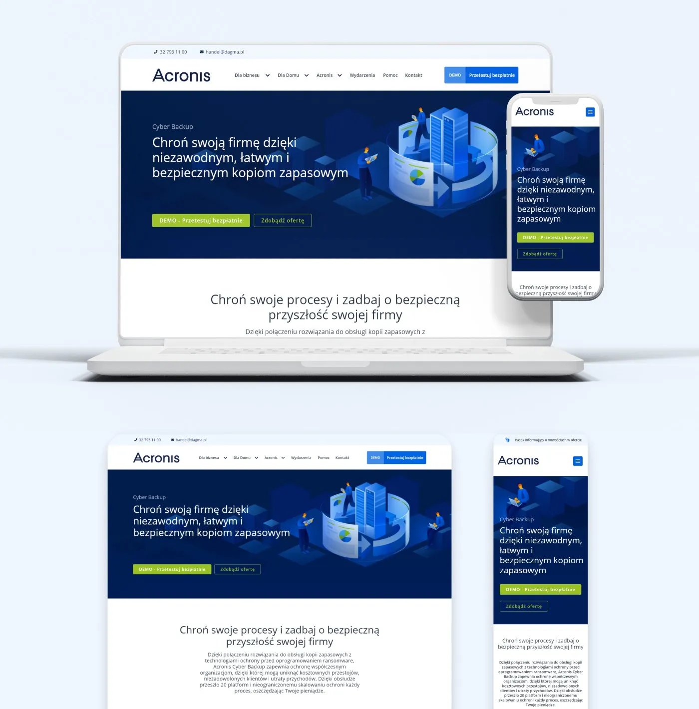 Acronis - makiety strony na laptopie i telefonie: hero „Chroń swoją firmę dzięki niezawodnym, łatwym i bezpiecznym kopiom zapasowym" na granatowym tle z izometryczną ilustracją.