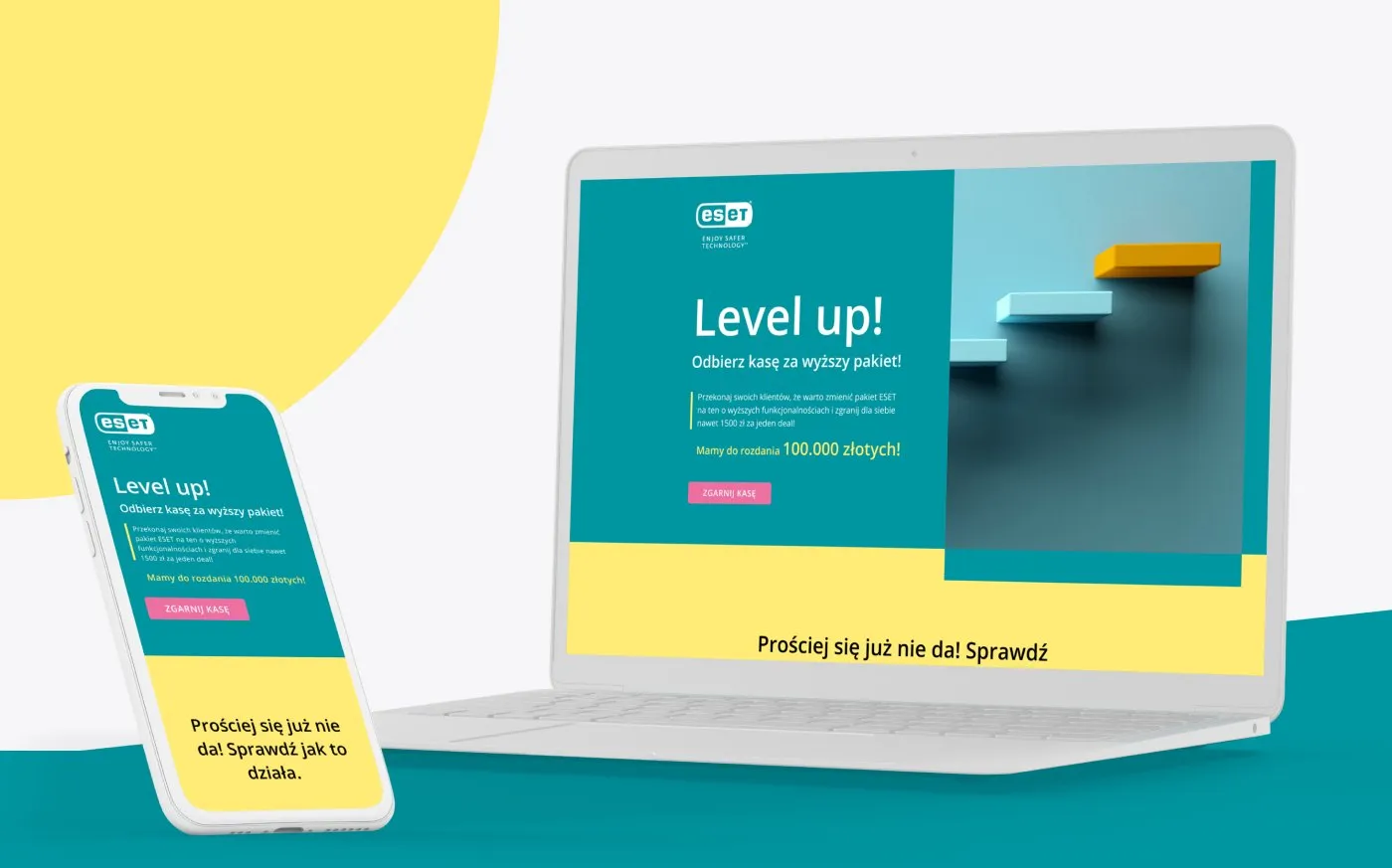 ESET - makieta landingu na laptopie: hero „Level up! Odbierz kasę za wyższy pakiet" z pulą 100 000 zł i przyciskiem „Zgarnij kasę", w turkusie i żółci.