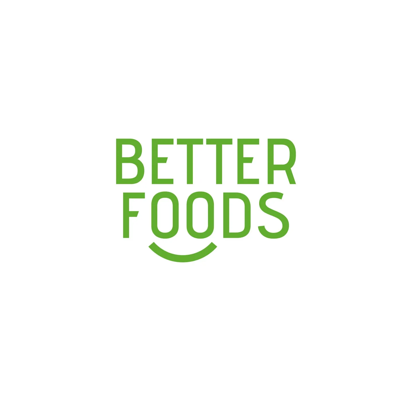 Logo marki Better Foods - zielony napis z uśmiechem pod literami, na białym tle.