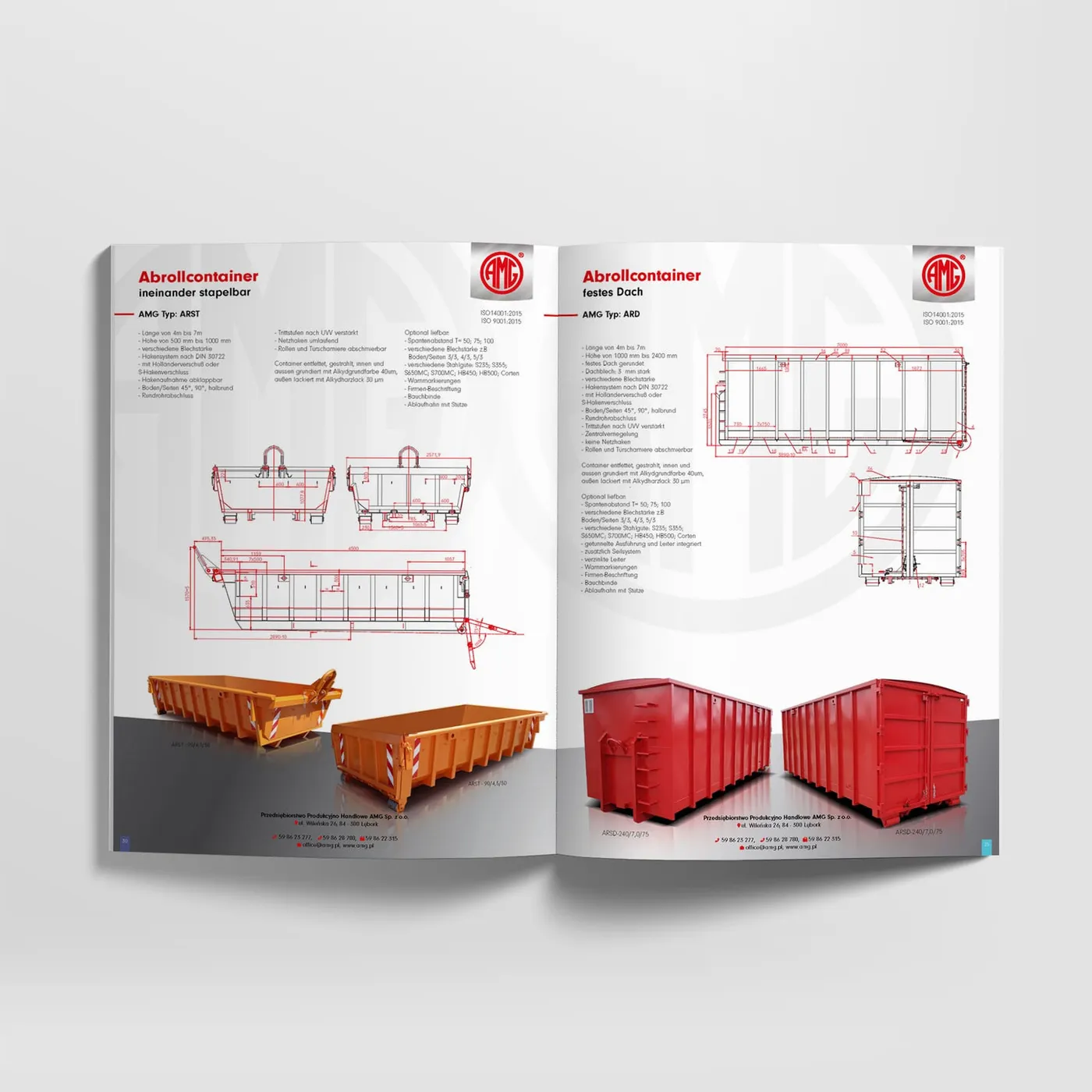 AMG - katalog otwarty na rozkładówce z rysunkami technicznymi kontenerów hakowych i tabelą wymiarów, na ciemnym blacie.
