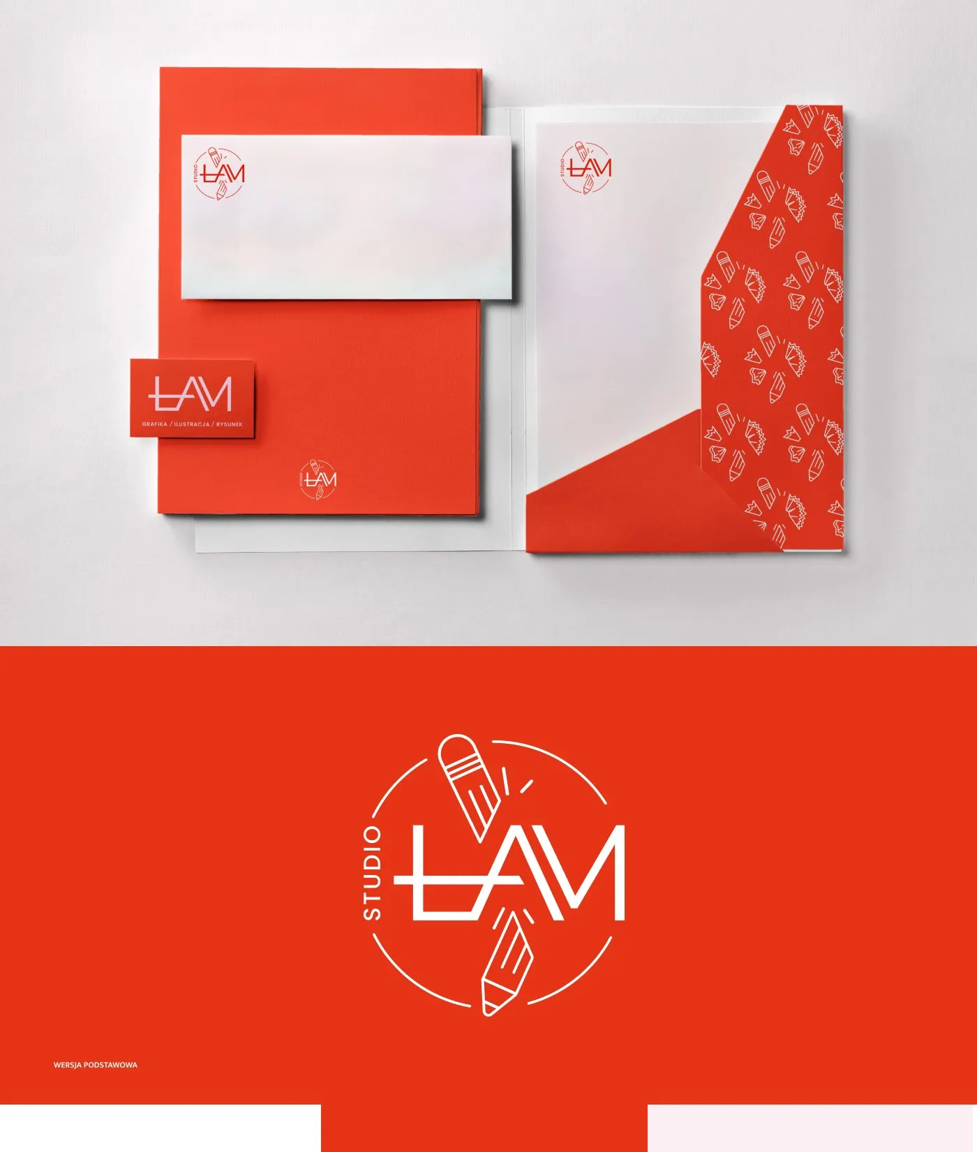 Studio ŁAM - papeteria: papier firmowy, koperta i wizytówki z wzorem ołówków, oraz podstawowa wersja logo (monogram „ŁAM" w okręgu) na czerwonym tle.