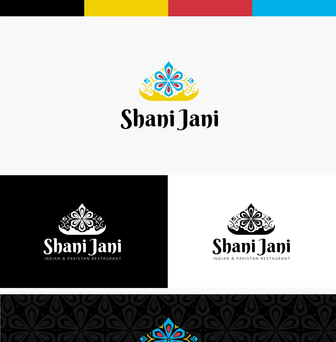 Shani Jani - paleta kolorów (złoto, czerń, czerwień, błękit) oraz logo: ozdobny sygnet (mandala) z logotypem „Shani Jani" w wersji na bieli, czerni i na orientalnym wzorze („Pakistani & Indian Restaurant").