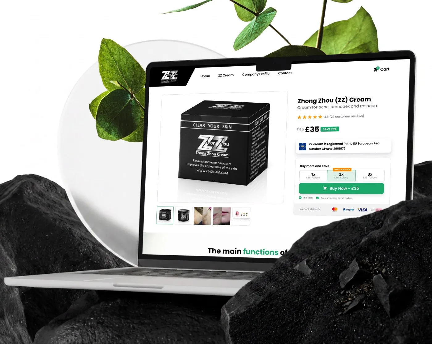 ZhongZhou - krem ZZ na makiecie laptopa na tle liści eukaliptusa i czarnych kamieni: karta produktu „Zhong Zhou (ZZ) Cream" z ceną 35 GBP, oceną 4,5 z 27 opinii, plakietką rejestracji CPNP oraz wariantami zakupu 1x/2x/3x.