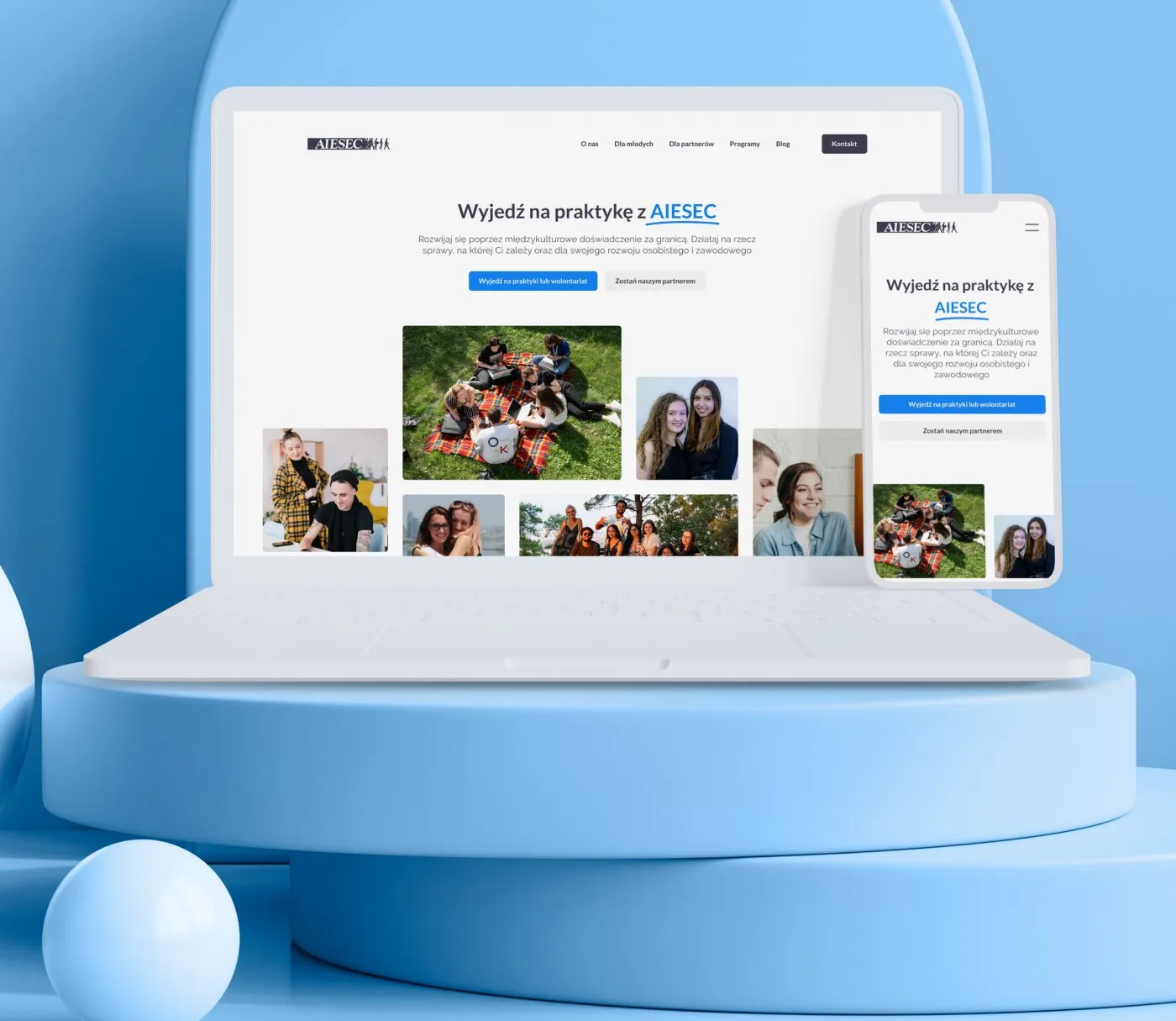 AIESEC - makiety strony na laptopie i tablecie: hero „Wyjedź na praktykę z AIESEC" z mozaiką zdjęć uczestników i dwoma wezwaniami do działania - dla kandydatów i dla partnerów.