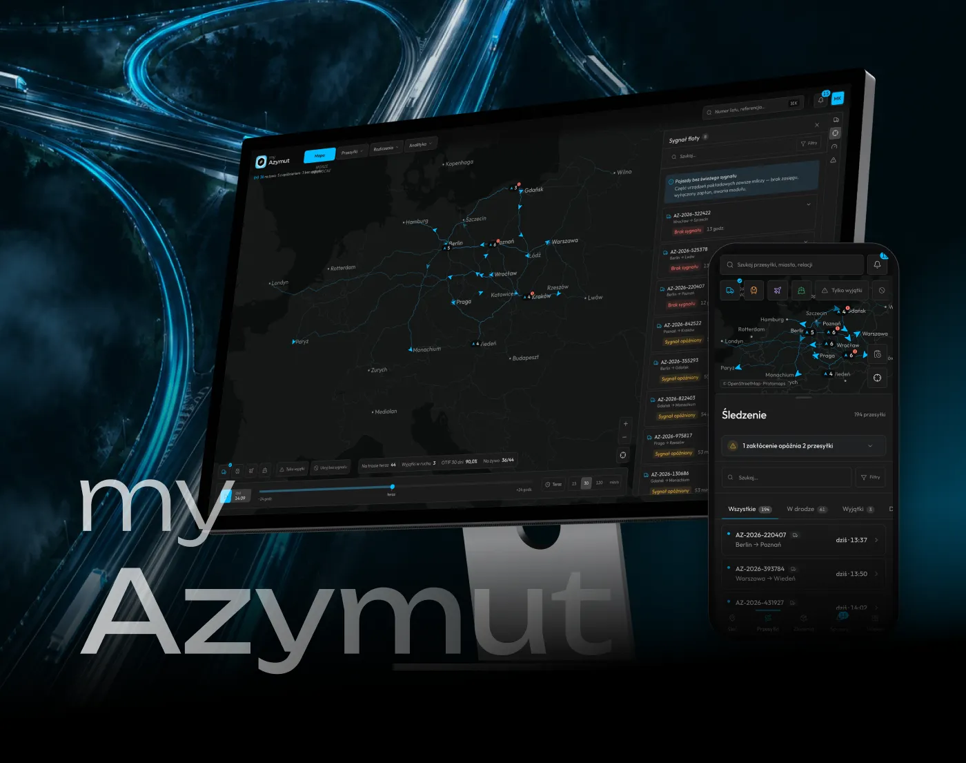 myAzymut - monitor z mapą Europy i trasami przesyłek między Berlinem, Warszawą, Krakowem i Wiedniem, panel „Sygnał floty" z pojazdami bez sygnału i z opóźnionym sygnałem, oś czasu na dole, obok telefon z ekranem „Śledzenie" i listą 194 przesyłek; w tle nocny węzeł autostradowy i napis myAzymut.