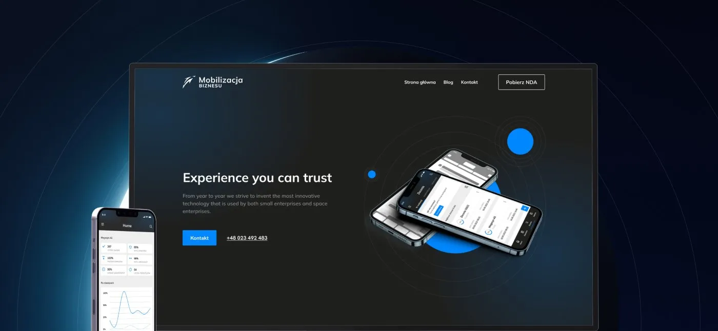 Mobilizacja Biznesu - makieta strony na monitorze: hero „Experience you can trust" z makietami aplikacji mobilnych, na ciemnym tle z niebieskim akcentem.