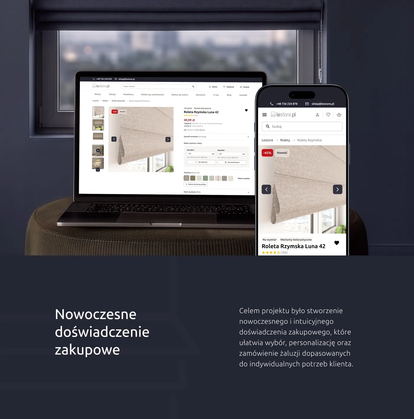 Lestore - sklep internetowy na makietach laptopa i telefonu: karta produktu „Roleta Rzymska Luna 42" z galerią zdjęć, ceną 49,99 zł i konfiguratorem wymiarów.