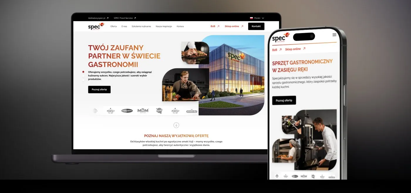SPEC Food Service - makieta serwisu na monitorze i telefonie: hero „Twój zaufany partner w świecie gastronomii" ze zdjęciami z kuchni, na ciemnym tle.