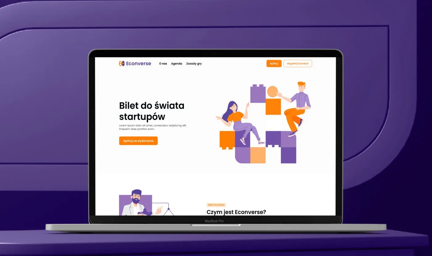 Econverse - strona wydarzenia na laptopie: nagłówek „Bilet do świata start-upów" z ilustracją i przyciskiem zapisu.
