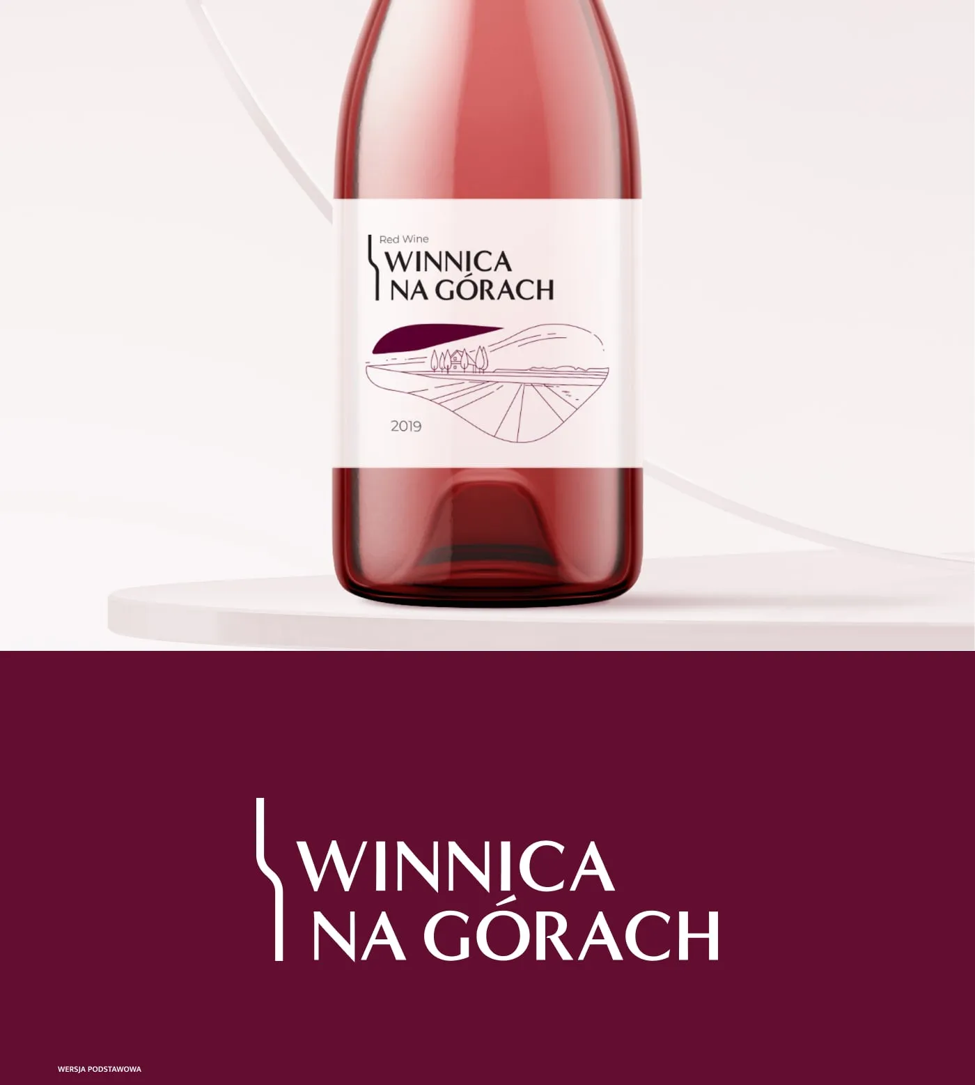 Winnica na Górach - butelka wina różowego na jasnym tle oraz podstawowa wersja logo „Winnica na Górach" na burgundowym tle.
