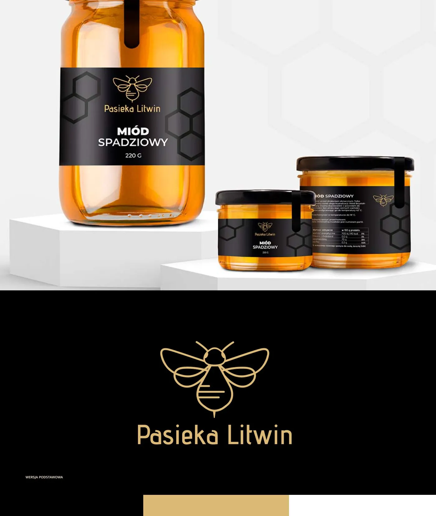 Pasieka Litwin - słoiki miodu z czarną etykietą (złota pszczoła, „Miód spadziowy, 220 g") oraz podstawowa wersja logo na czarnym tle.