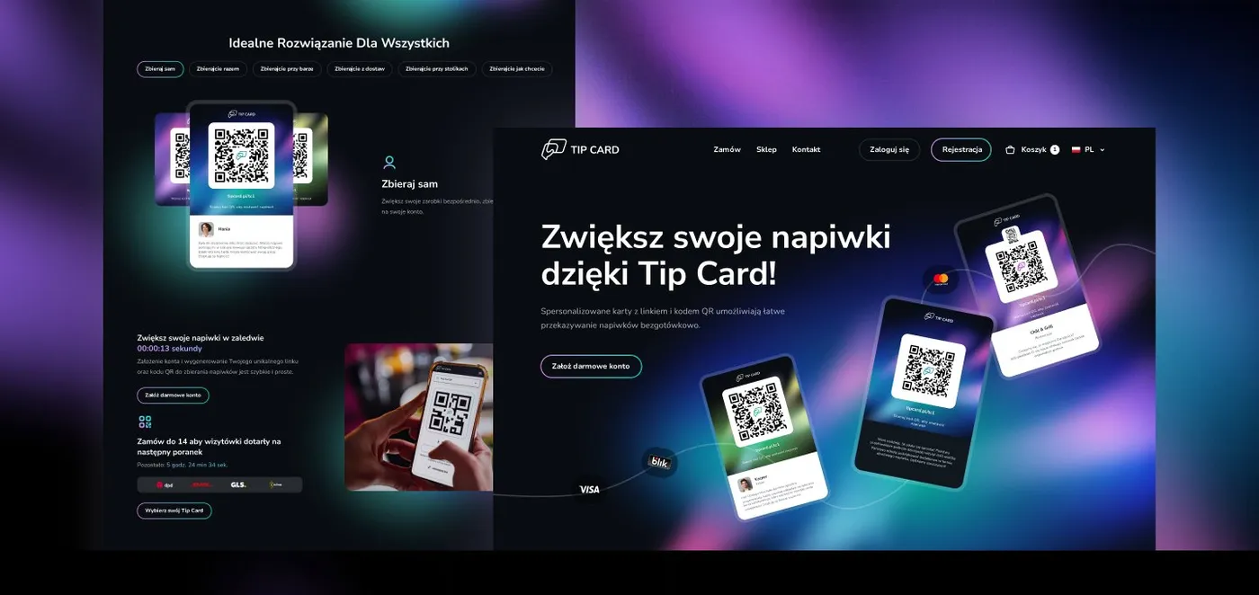 Tip Card - makiety na telefonach: panel klienta („Cześć Barbara", przychody 350 PLN, wypłata) oraz landing „Zwiększ swoje napiwki dzięki Tip Card!" z kartami QR, na kolorowym tle.