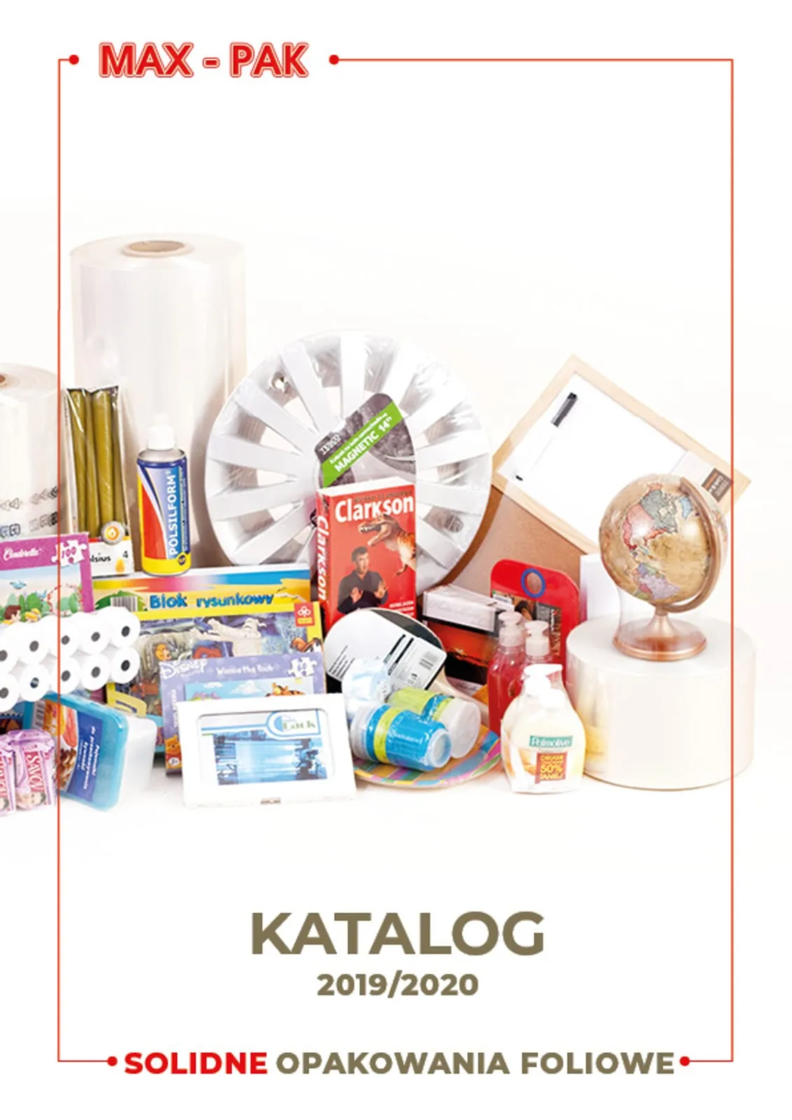 Max-Pak - okładka skróconego katalogu z kolażem różnych zapakowanych produktów (zabawki, kosmetyki, artykuły biurowe) na jasnym tle.