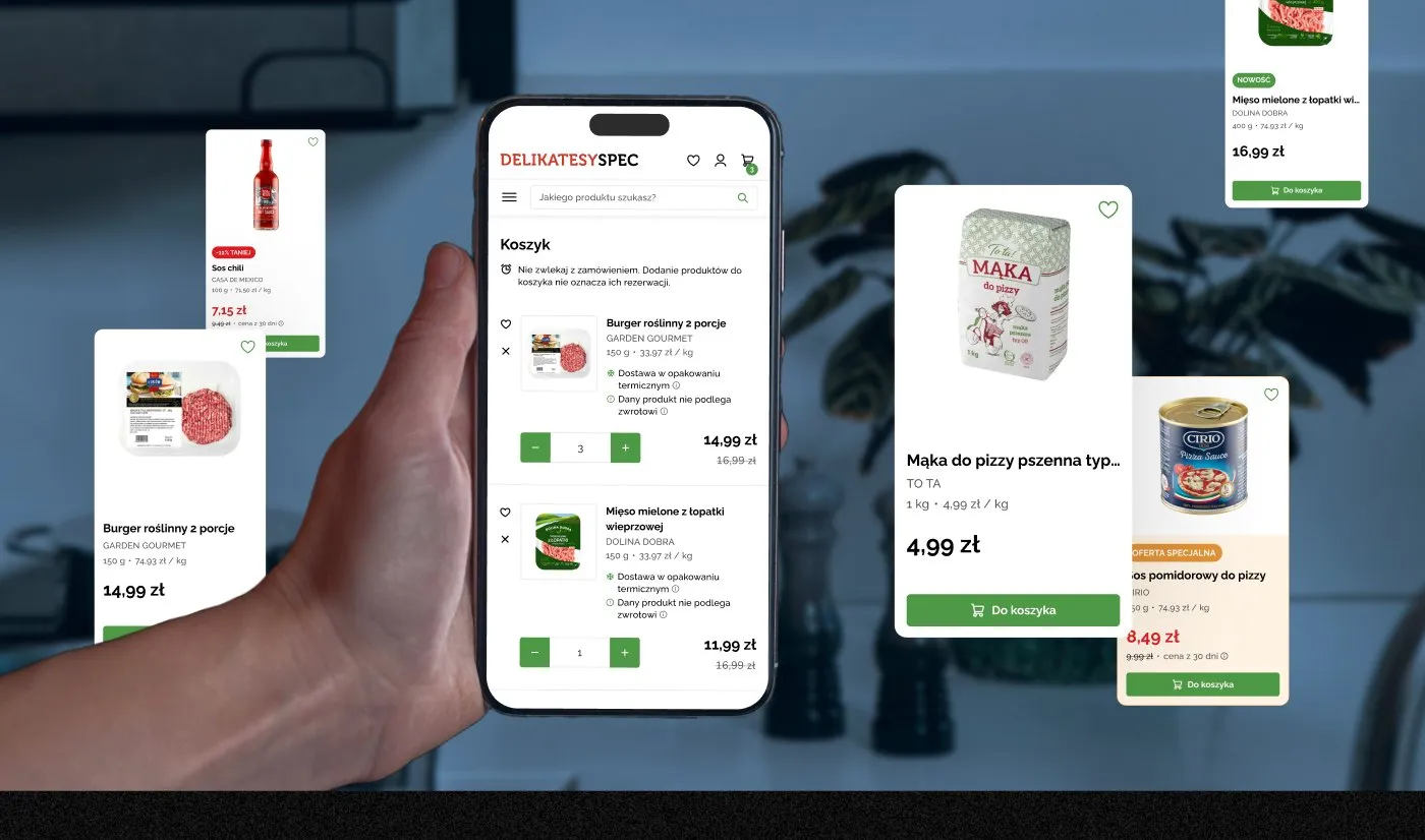 SPEC Food - makiety sklepu na telefonach: strona główna Delikatesów SPEC z promocjami oraz koszyk z produktami, na ciemnym tle.
