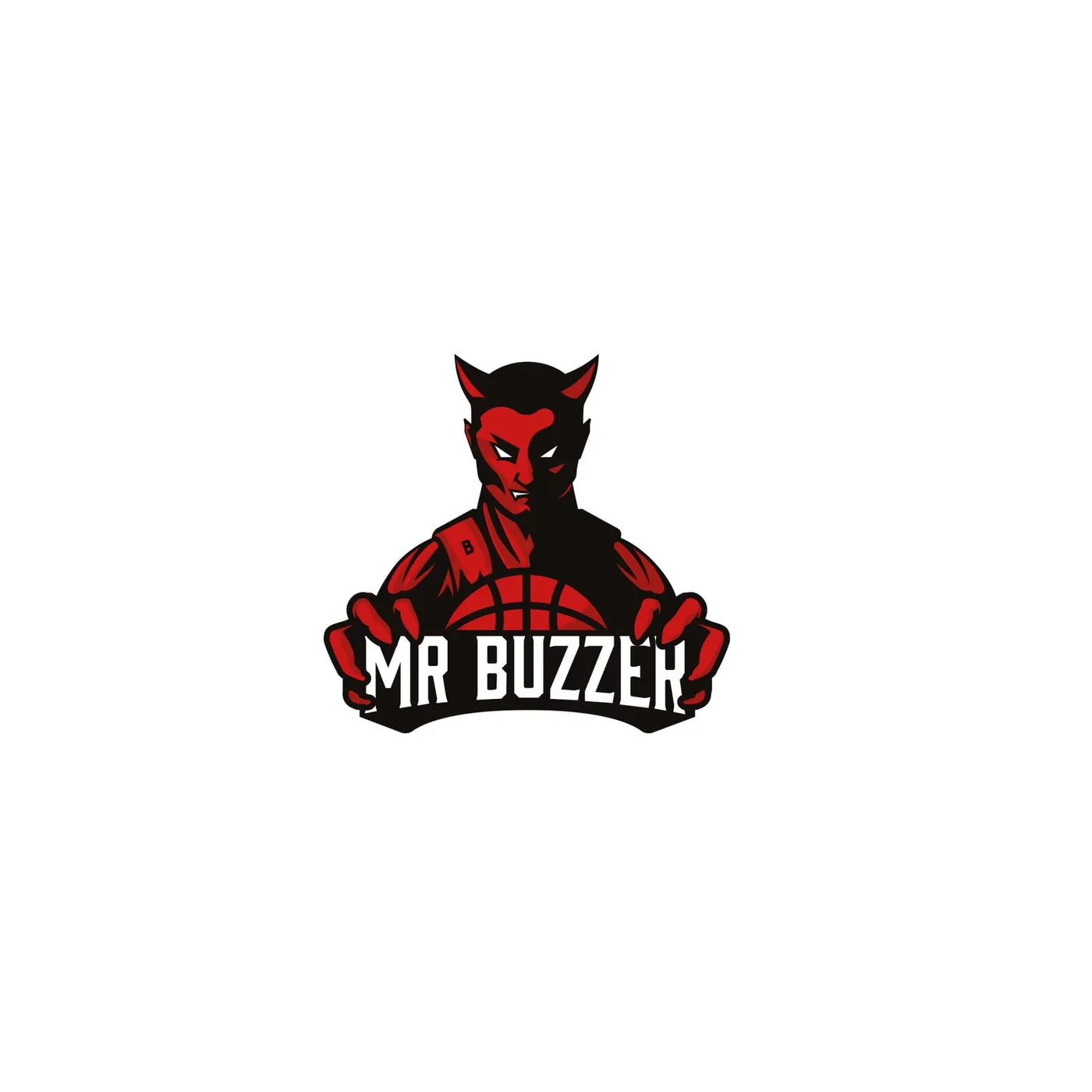Mr Buzzer - kolorowy wariant loga: czarno-czerwona maskotka demona trzymającego piłkę do koszykówki, wpisana w herb z napisem „Mr Buzzer", na białym tle.