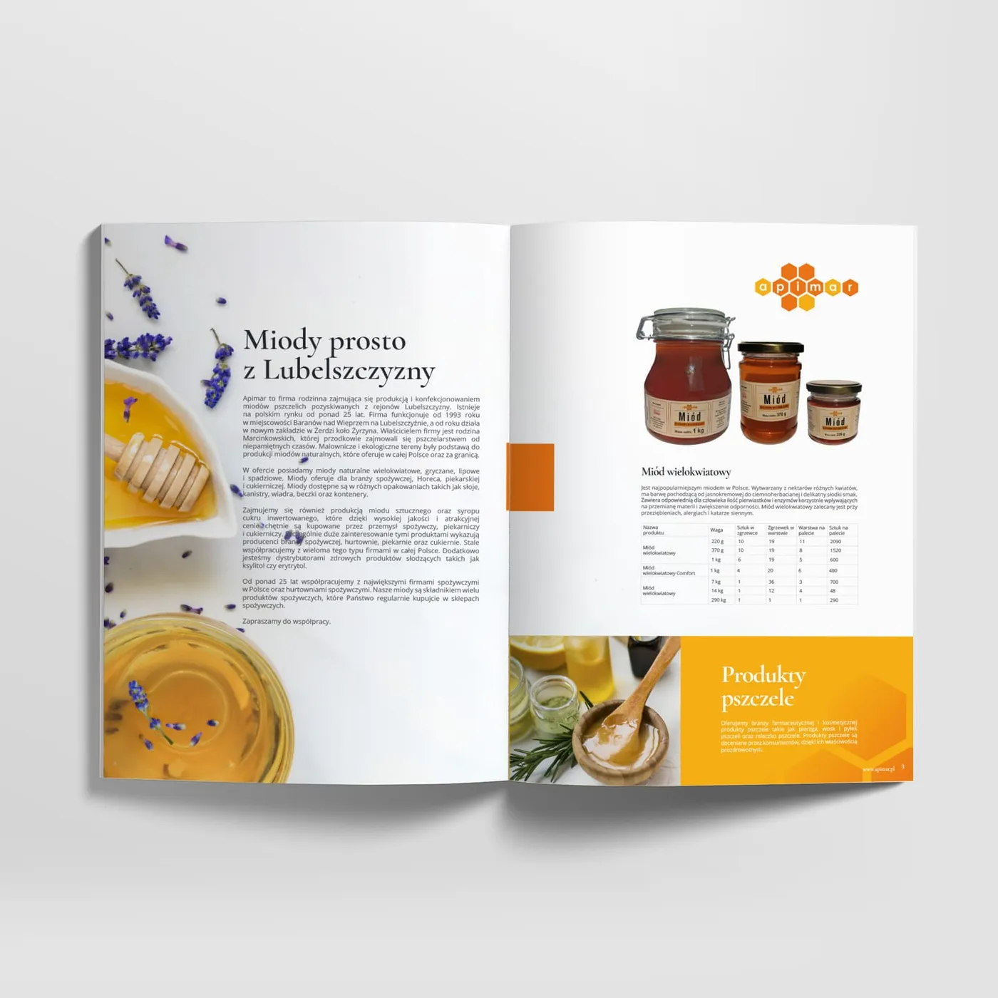 Otwarty katalog Apimar na jasnoszarym tle - lewa strona z tytułem „Miody prosto z Lubelszczyzny" i tekstem o firmie, prawa strona ze zdjęciem trzech słoików miodu i tabelą produktową.
