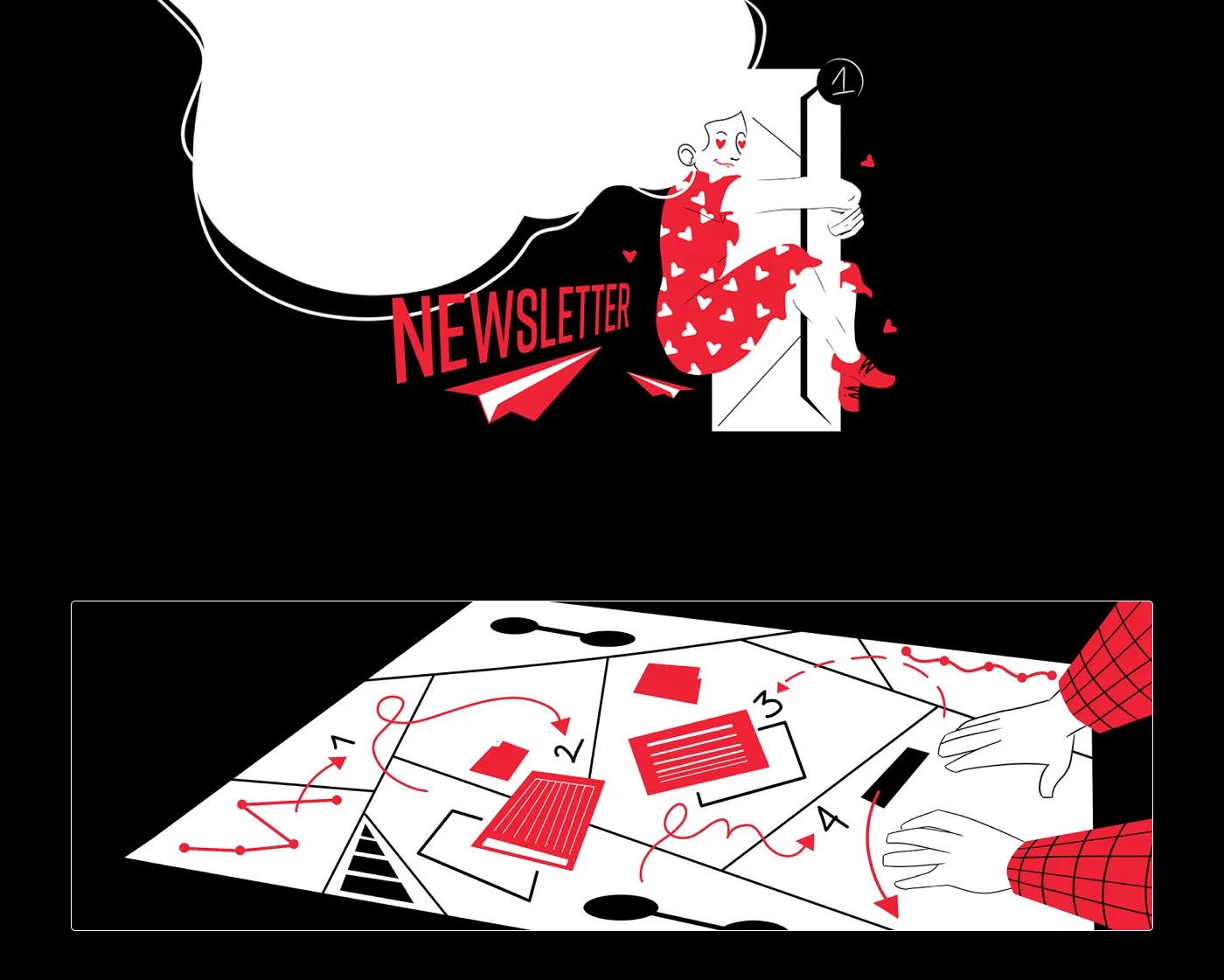 Bold - ilustracja „Newsletter" w stylu czerń-czerwień-biel z postacią i motywami korespondencji, na czarnym tle.