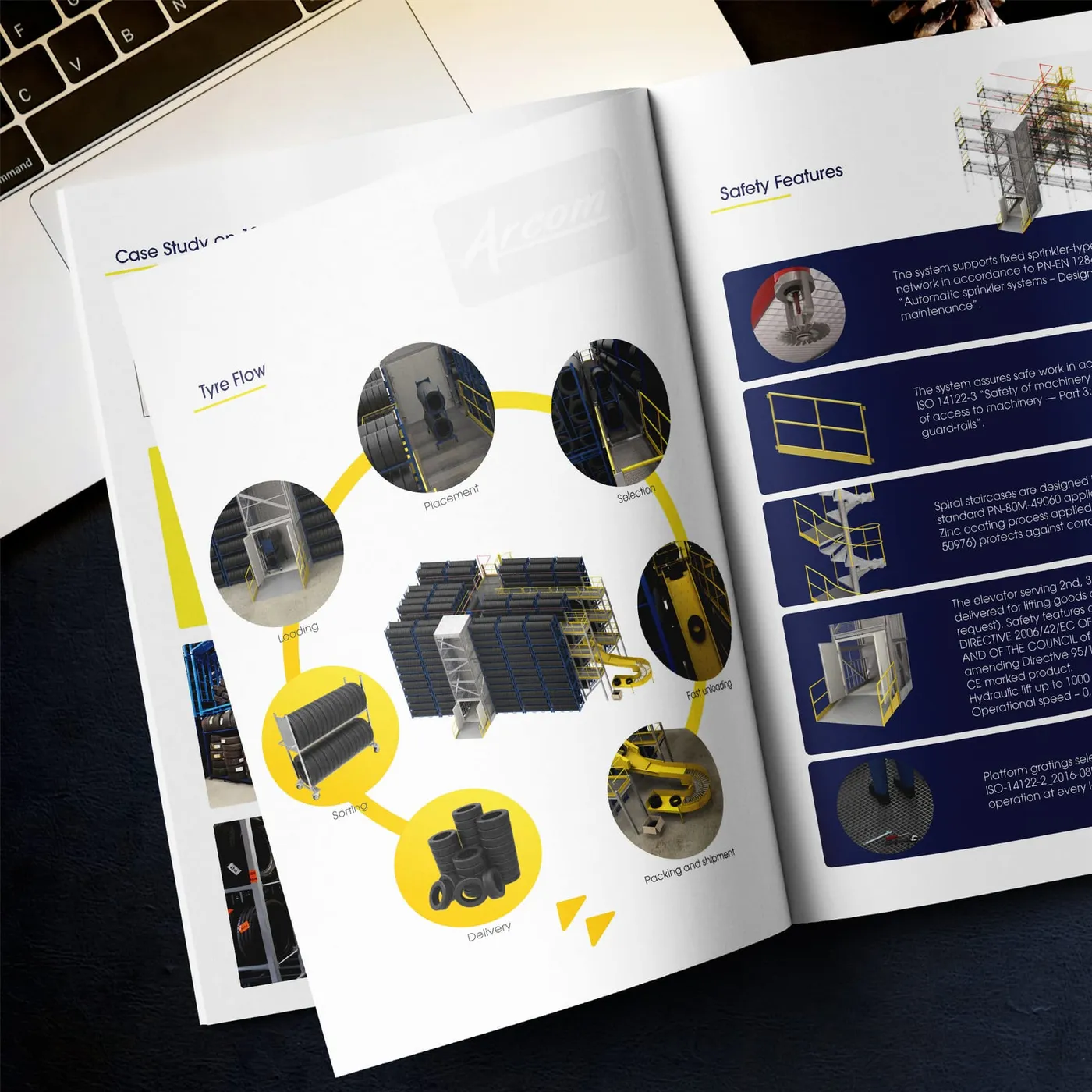 Arcom - rozkładówka katalogu z sekcją „Turn Flow": schemat obiegu kół i opon w magazynie oraz kolumna „Safety features" ze zdjęciami konstrukcji.