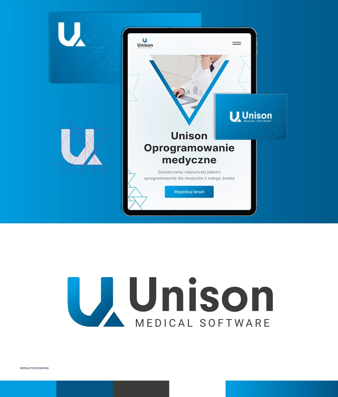 Unison - tablet z ekranem „Oprogramowanie medyczne" i wizytówki na niebieskim tle oraz podstawowa wersja logo („U" z trójkątem, Unison Medical Software) wraz z paletą kolorów.