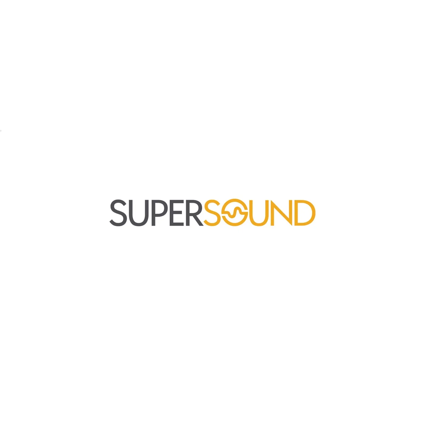 Logo Supersound - czarny napis „SUPER" i pomarańczowe „SOUND" z symbolem fali dźwiękowej w literze O, na białym tle.