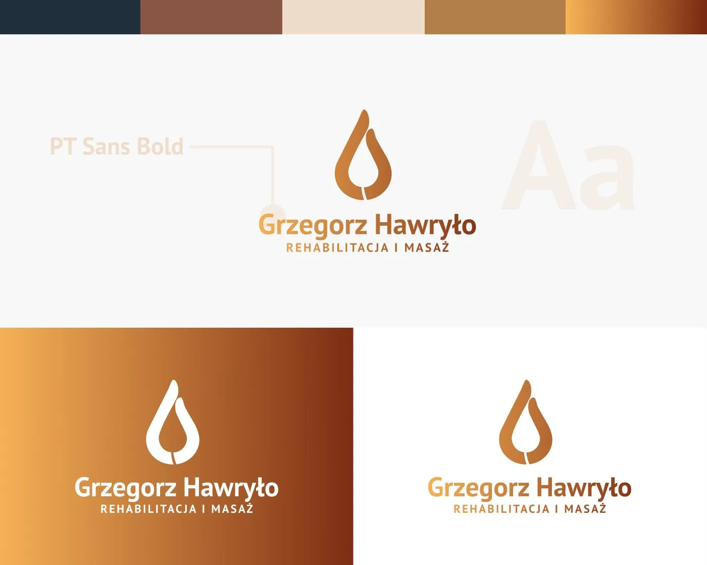 Grzegorz Hawryło - typografia marki PT Sans Bold (specimen „Aa"), warianty logo (kropla/płomień, „Grzegorz Hawryło Rehabilitacja i masaż") na jasnym i miedzianym tle oraz zestaw ikon zabiegów.