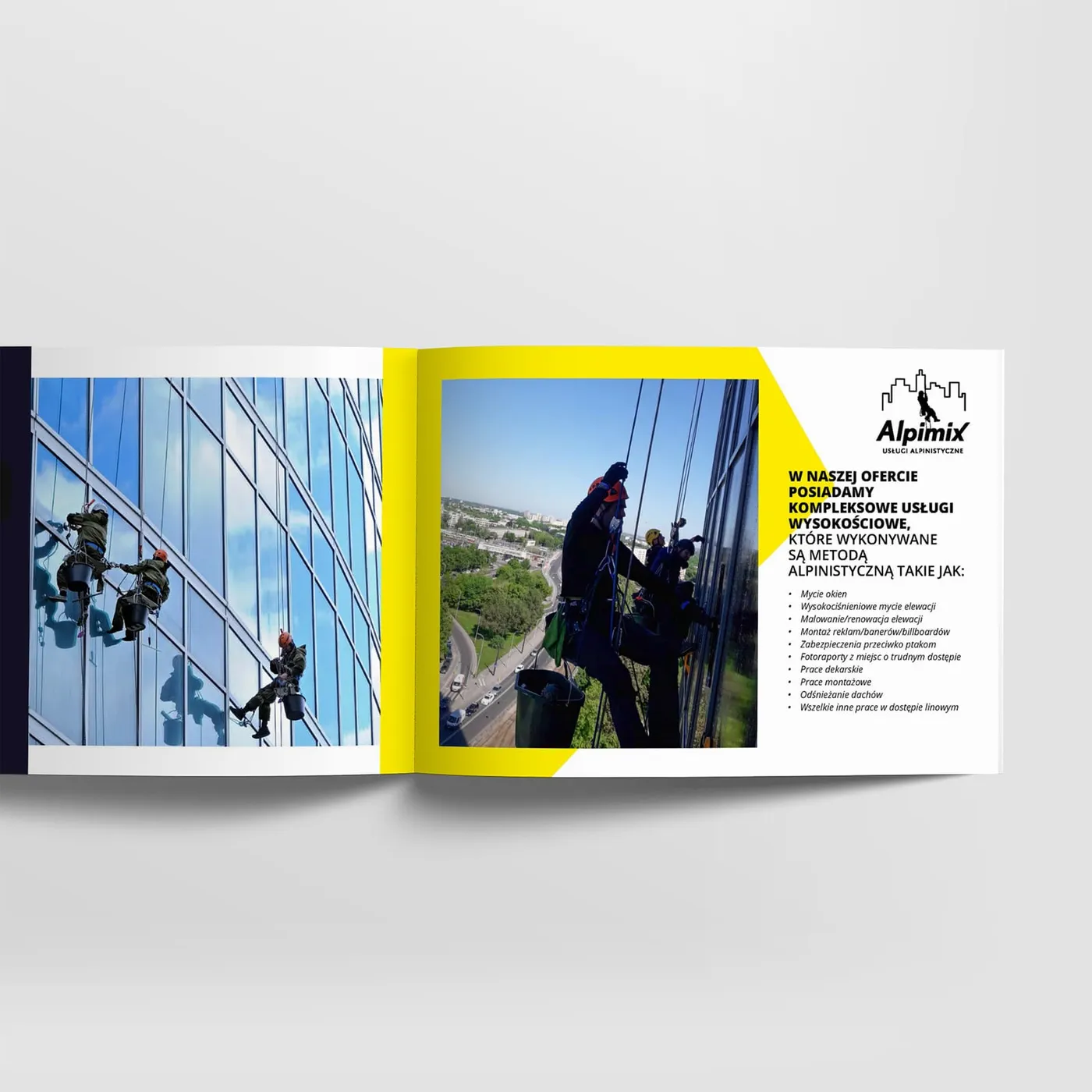 Alpimix - folder otwarty na rozkładówce z fotografią alpinisty myjącego przeszkloną elewację i żółtą ramką kadru.