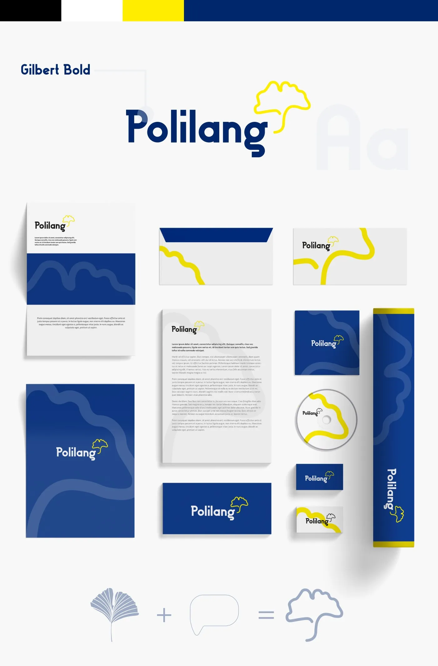 Polilang - typografia marki Gilbert Bold (specimen „Aa"), logo Polilang z żółtym znakiem oraz papeteria: teczki, papier firmowy, wizytówki i roll-up w granacie i żółci.