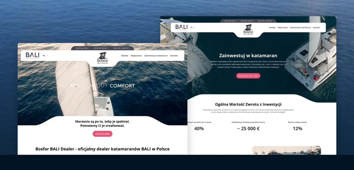Bosfor Charter - makieta serwisu na tablecie: strona główna z wyszukiwarką jachtów (liczba tygodni, zakres dat, typ jachtu, „Szukaj") na tle morza.