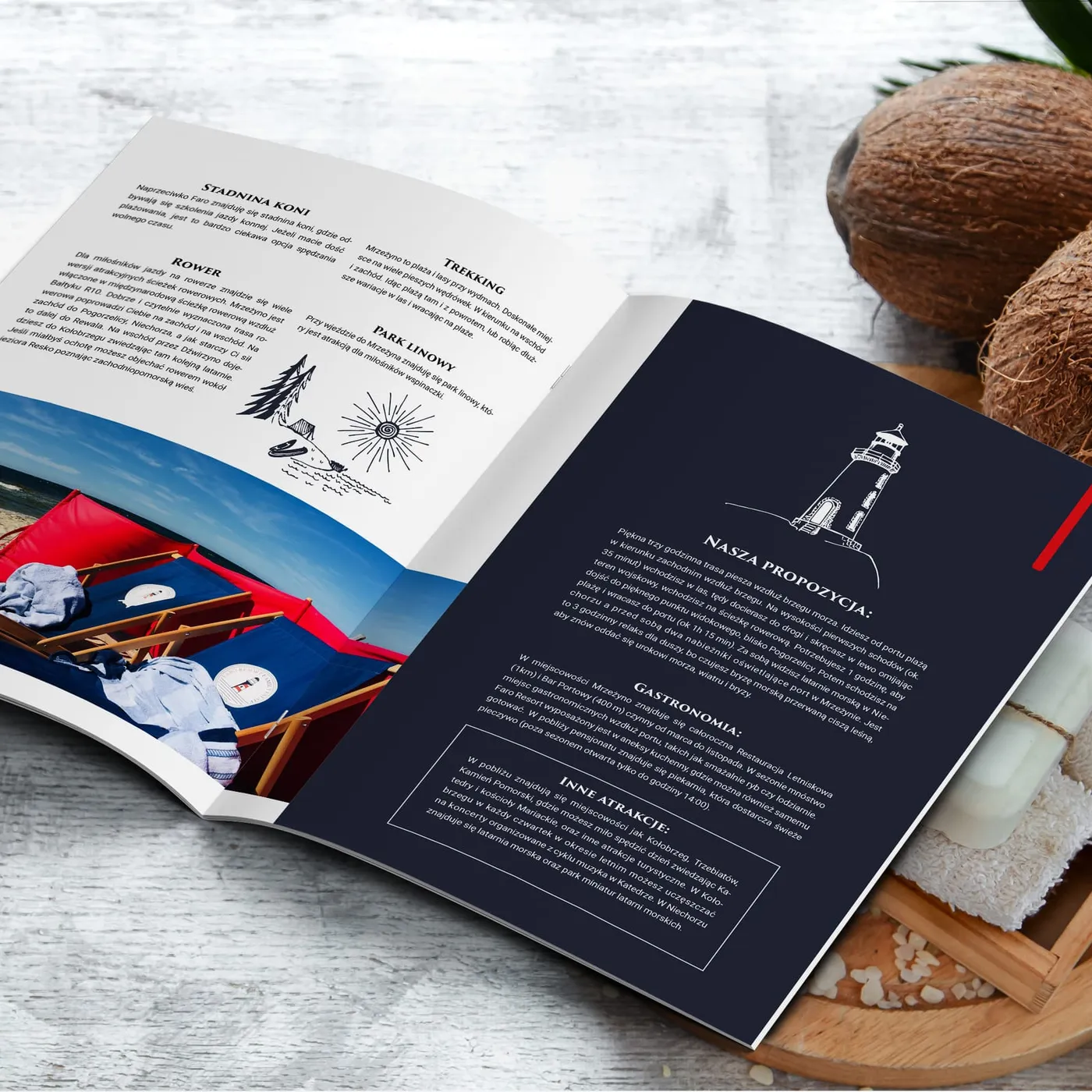Faro Resort - rozkładówka „Nasza propozycja" z ikonami aktywności (jazda konna, rower, trekking, park linowy), ilustracją latarni morskiej i zdjęciem czerwonych leżaków na plaży.