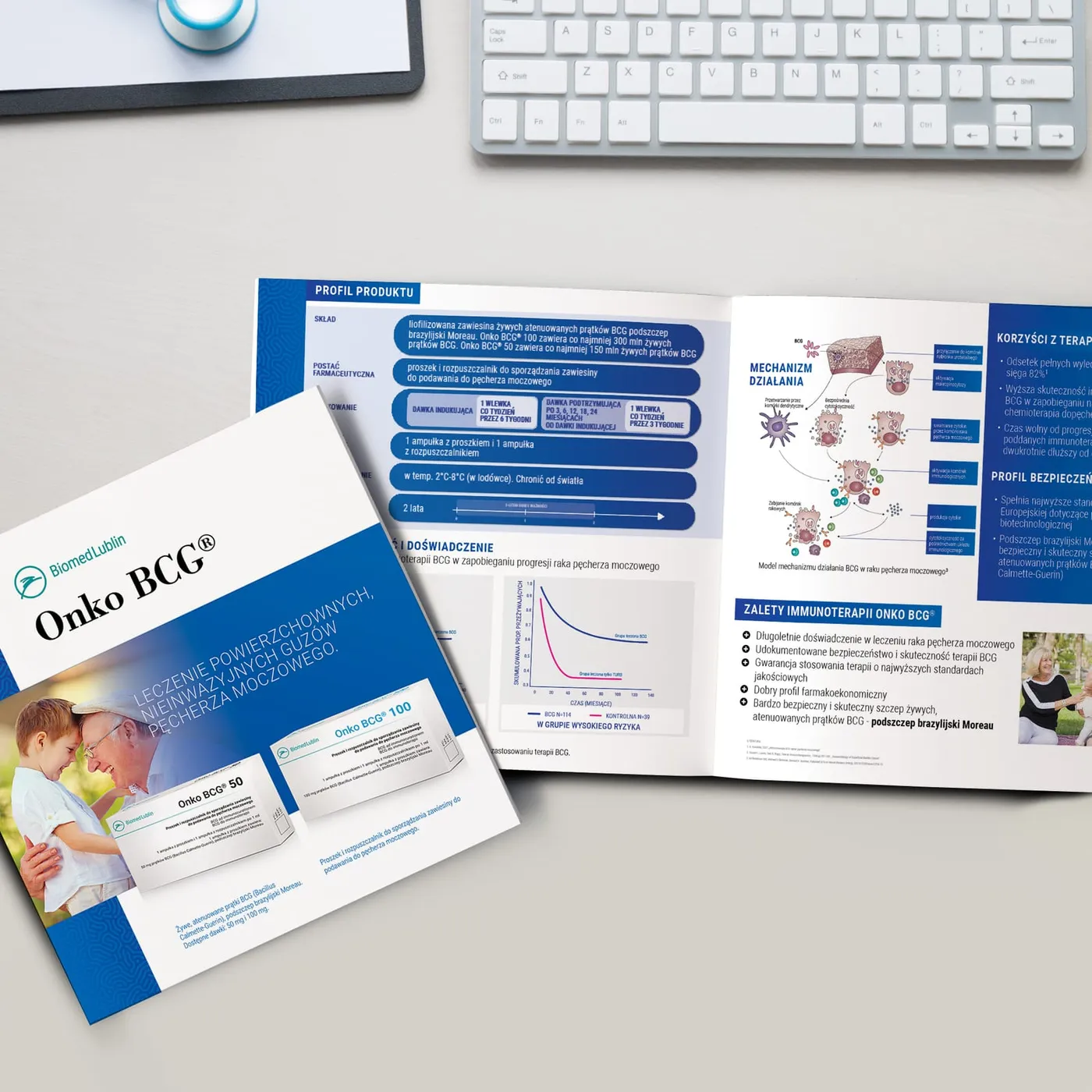Biomed Lublin - katalog Onko BCG® otwarty na rozkładówce z profilem produktu, schematem mechanizmu działania i wykresami skuteczności; obok złożona okładka z fotografią pacjentów i opakowaniami preparatu.