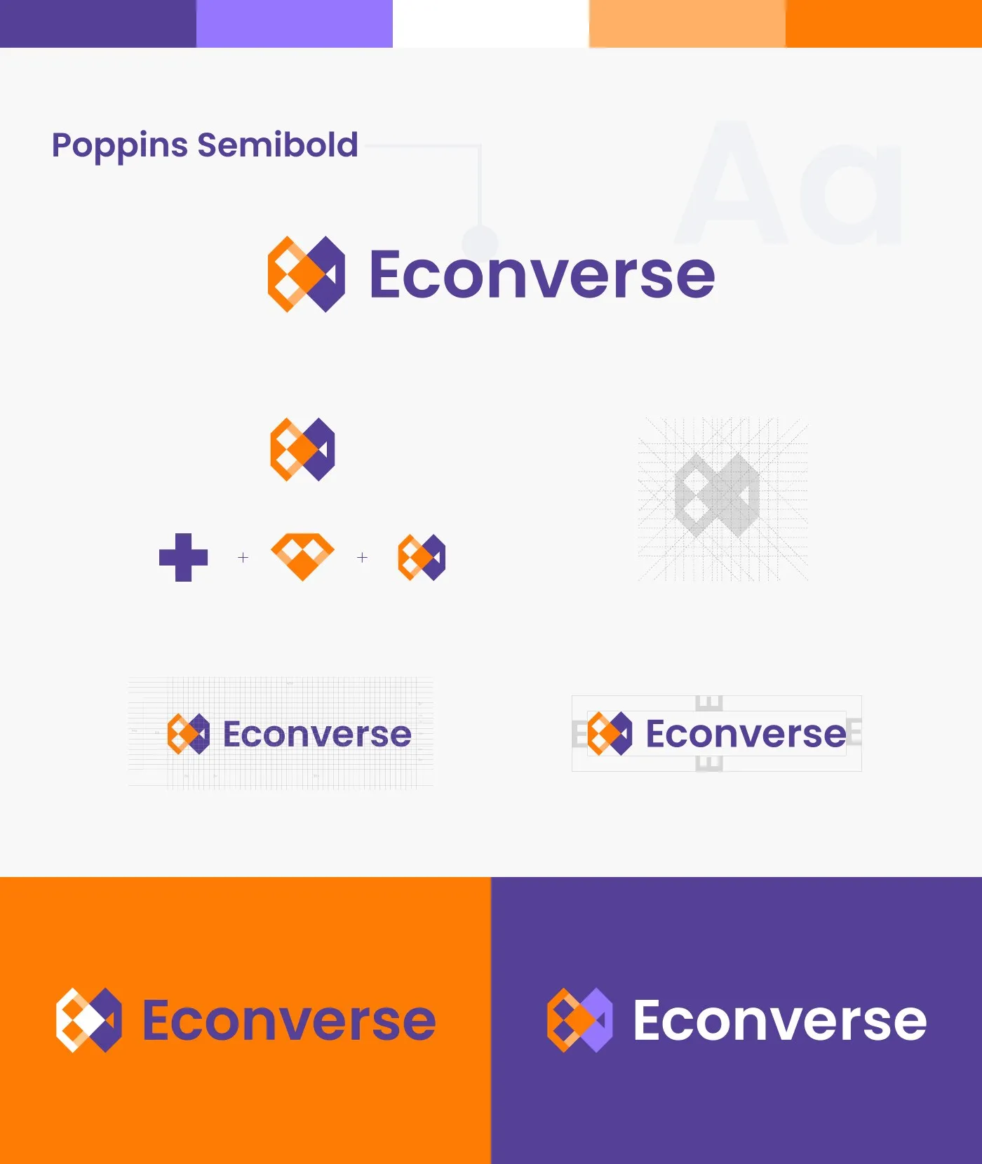 Econverse - typografia marki Poppins Semibold (specimen „Aa"), geneza znaku złożonego z dwóch lustrzanych form oraz wersje logo na jasnym, fioletowym i pomarańczowym tle.