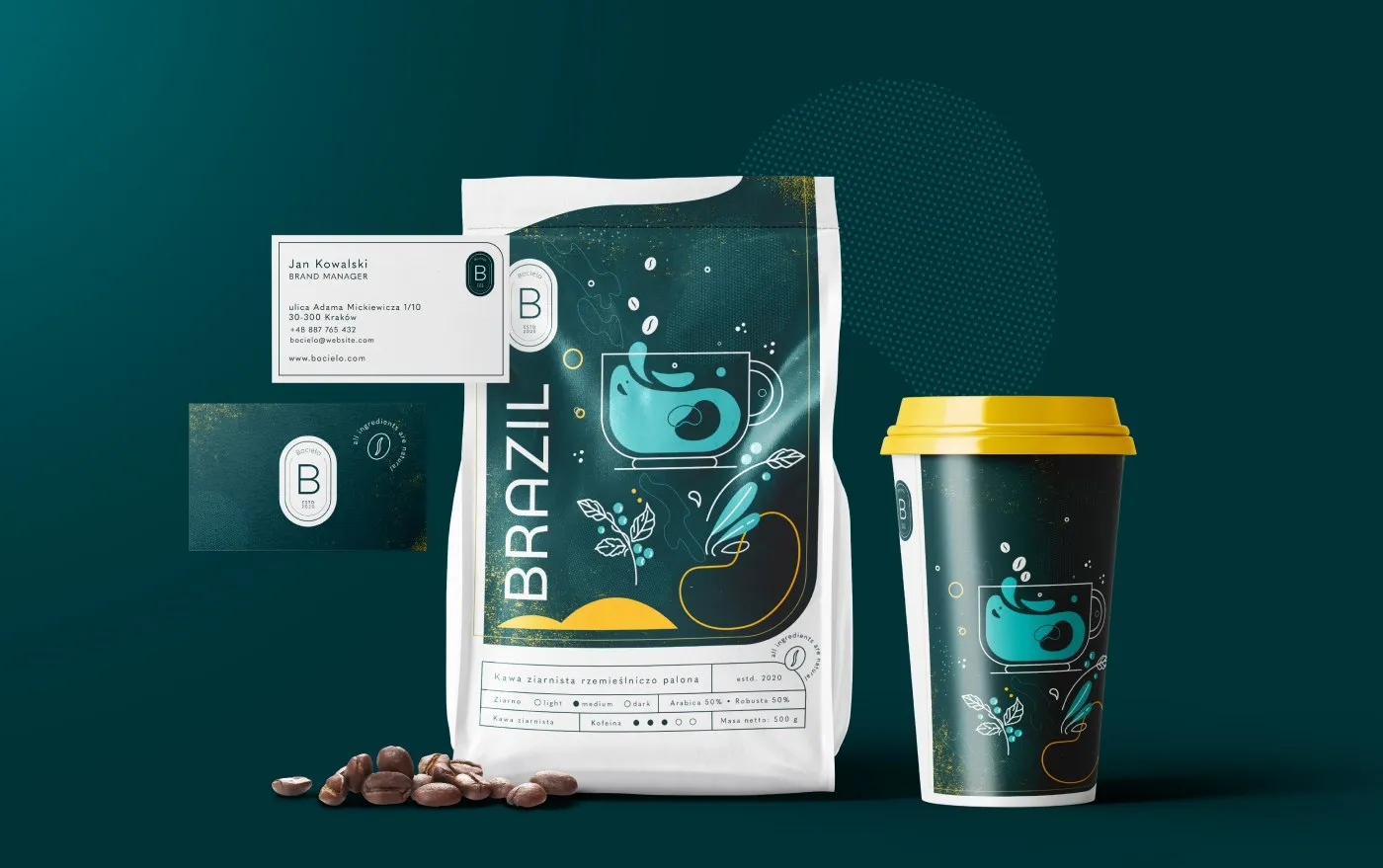 Bocielo - opakowanie kawy „Brazil", kubek to-go i wizytówki z logo (monogram „B", ilustracja filiżanki), w butelkowej zieleni ze złotem.